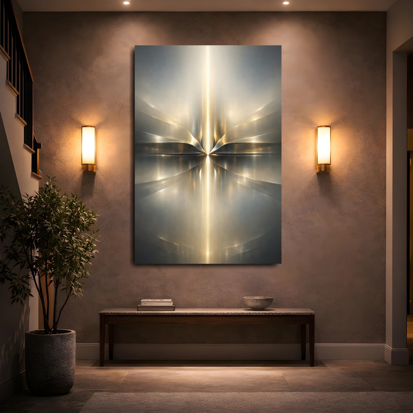 Mockup 4. Abstract Abstract Light Gold And Silver Abstract shown as stretched canvas wall art