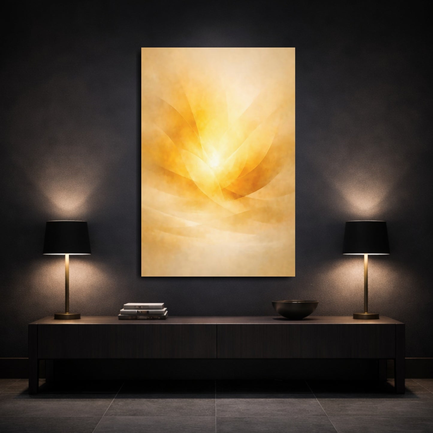 Mockup 2. Abstract Abstract Light Golden Abstract shown as stretched canvas wall art