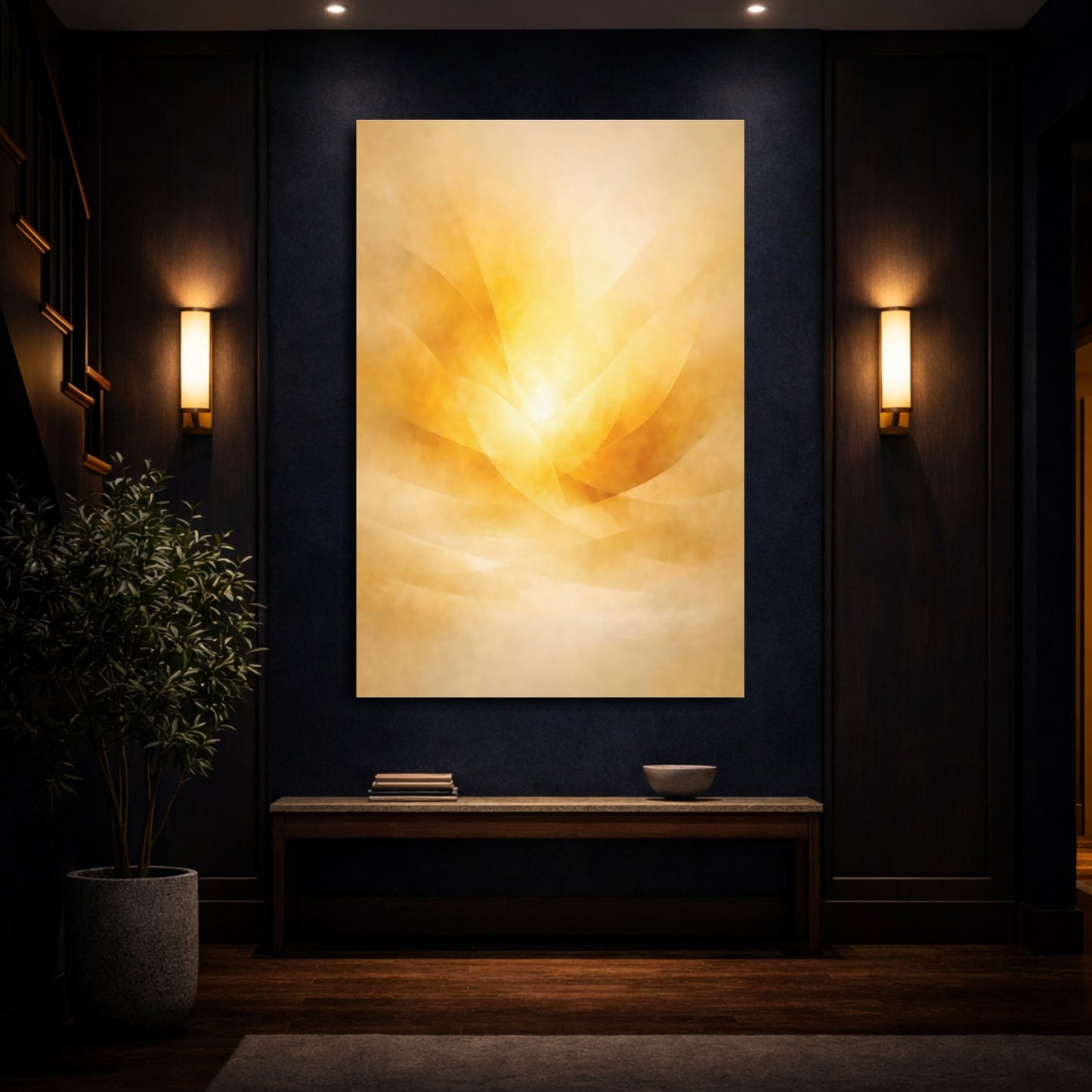 Mockup 3. Abstract Abstract Light Golden Abstract shown as stretched canvas wall art