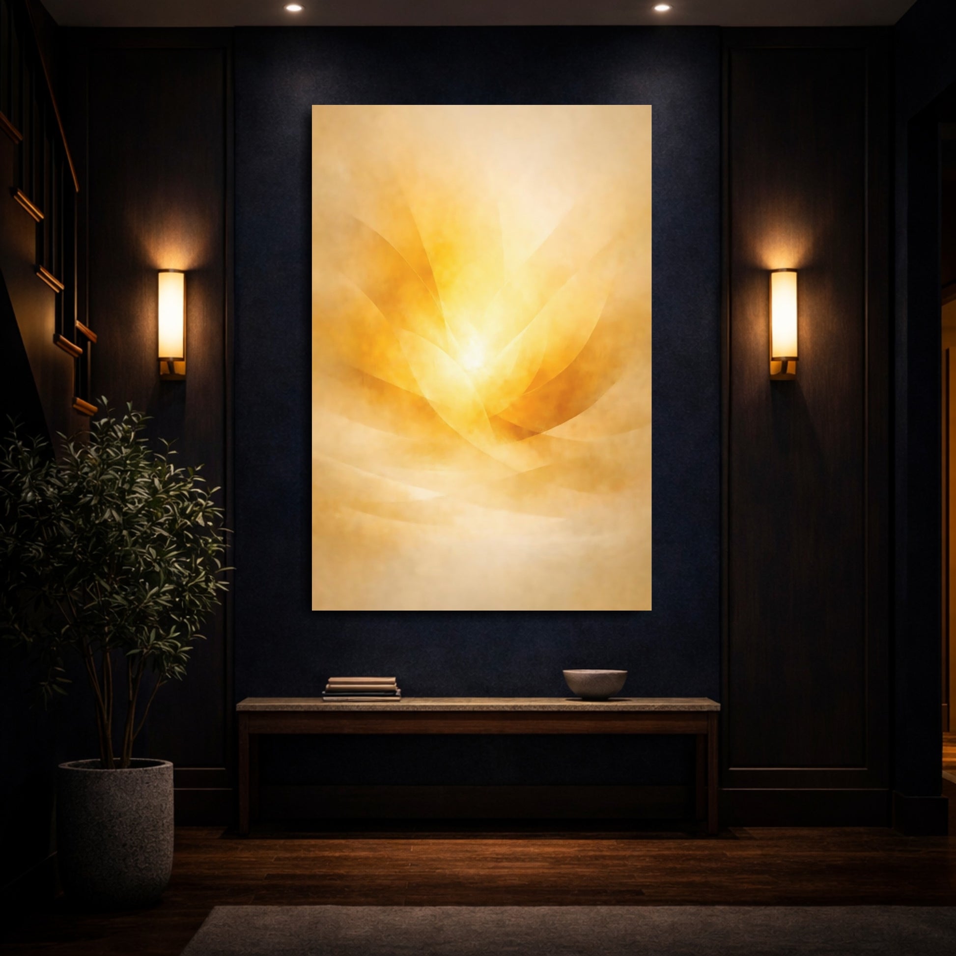 Mockup 3. Abstract Abstract Light Golden Abstract shown as stretched canvas wall art