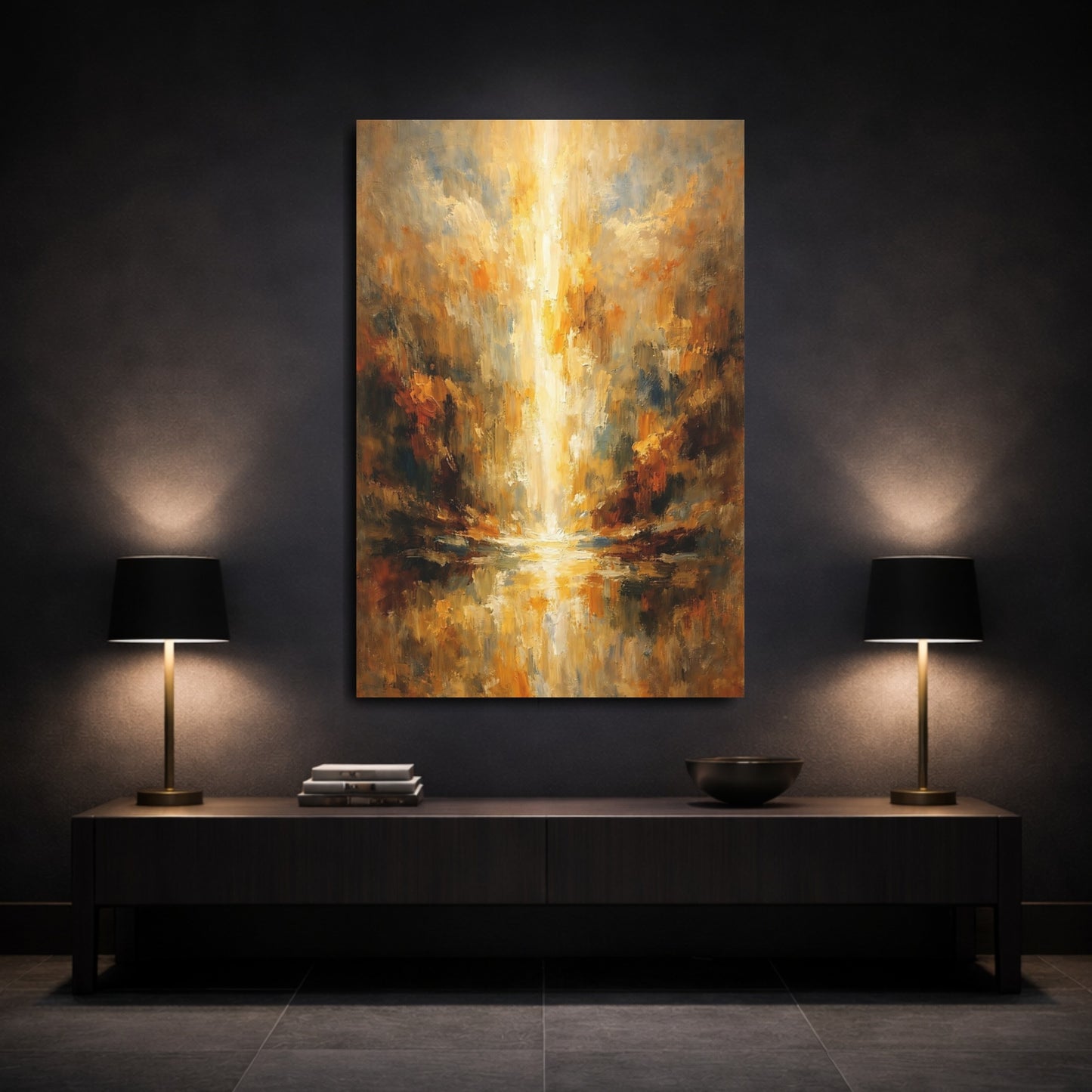 Mockup 2. Abstract Abstract Light Golden Glow Abstract shown as stretched canvas wall art
