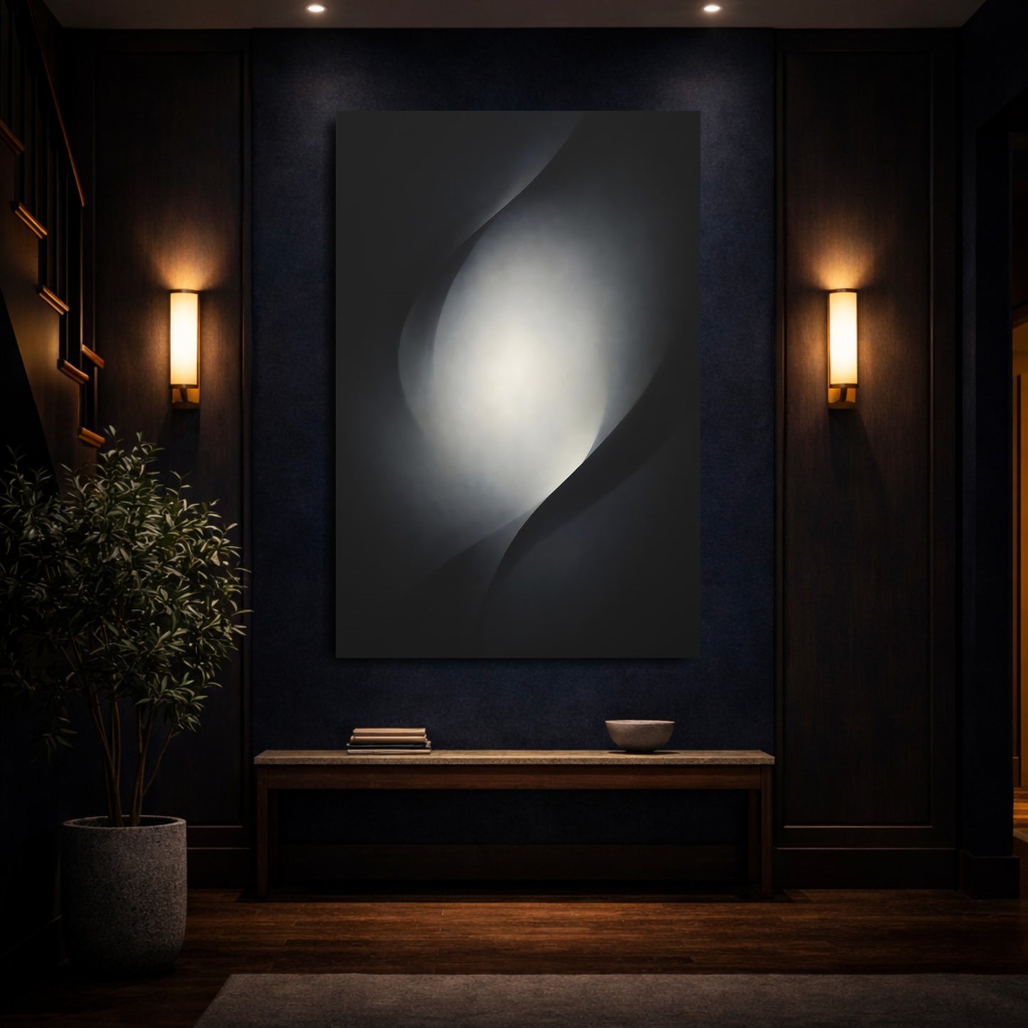 Abstract Abstract Light Monochrome Curves shown as front canvas room wall art