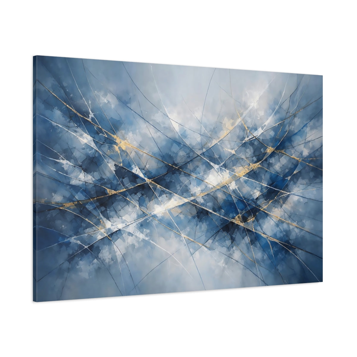 Main Mockup. Abstract Abstract Lines Blue And Gold Abstract shown as stretched canvas wall art