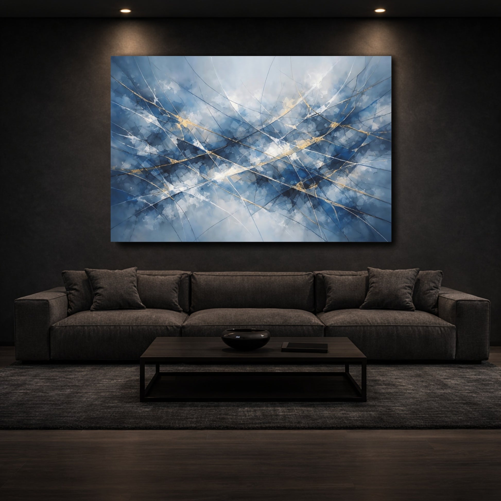 Mockup 2. Abstract Abstract Lines Blue And Gold Abstract shown as stretched canvas wall art
