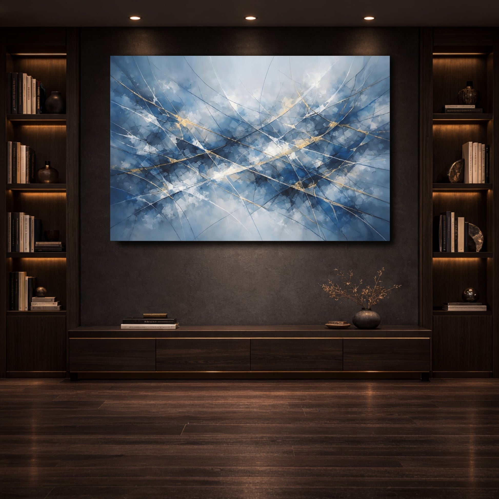 Mockup 3. Abstract Abstract Lines Blue And Gold Abstract shown as stretched canvas wall art