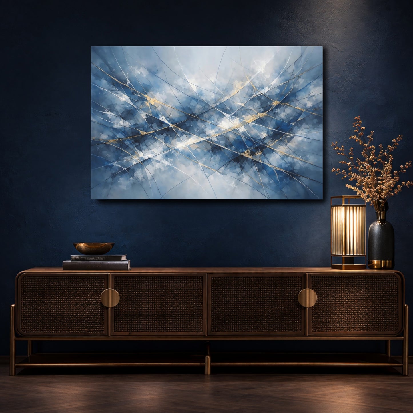 Mockup 4. Abstract Abstract Lines Blue And Gold Abstract shown as stretched canvas wall art