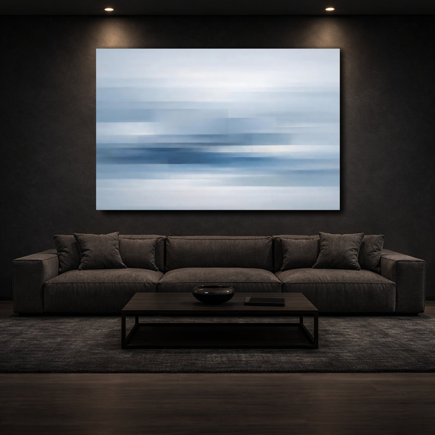 Mockup 2. Abstract Abstract Lines Blue And White Abstract shown as stretched canvas wall art