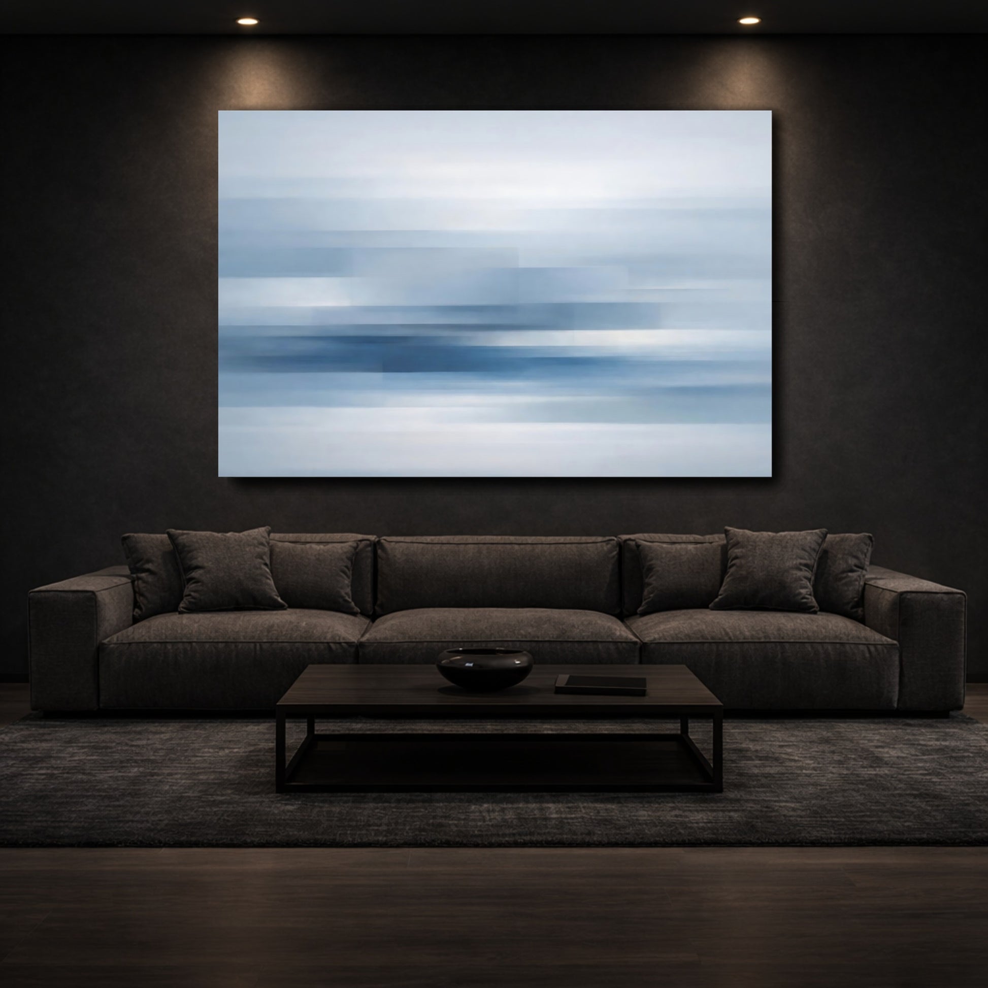 Mockup 2. Abstract Abstract Lines Blue And White Abstract shown as stretched canvas wall art
