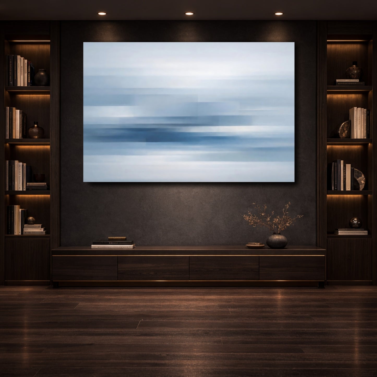 Mockup 3. Abstract Abstract Lines Blue And White Abstract shown as stretched canvas wall art