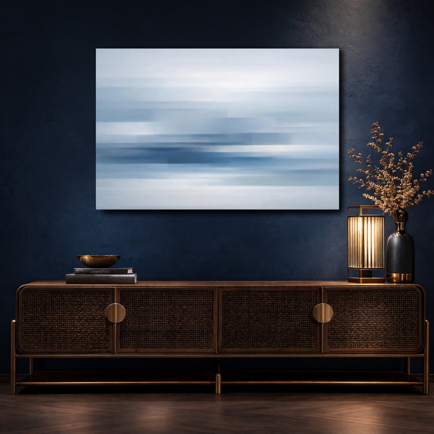 Mockup 4. Abstract Abstract Lines Blue And White Abstract shown as stretched canvas wall art