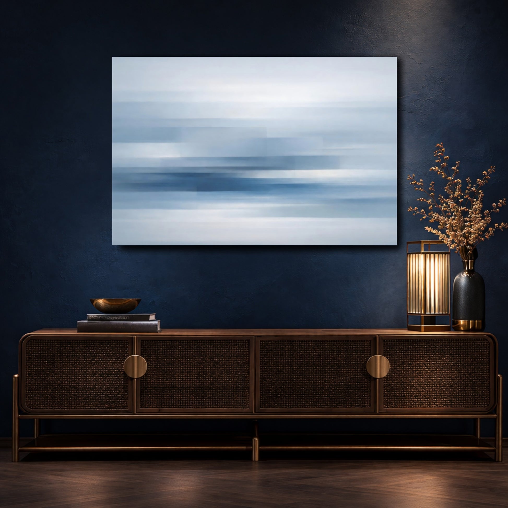 Mockup 4. Abstract Abstract Lines Blue And White Abstract shown as stretched canvas wall art