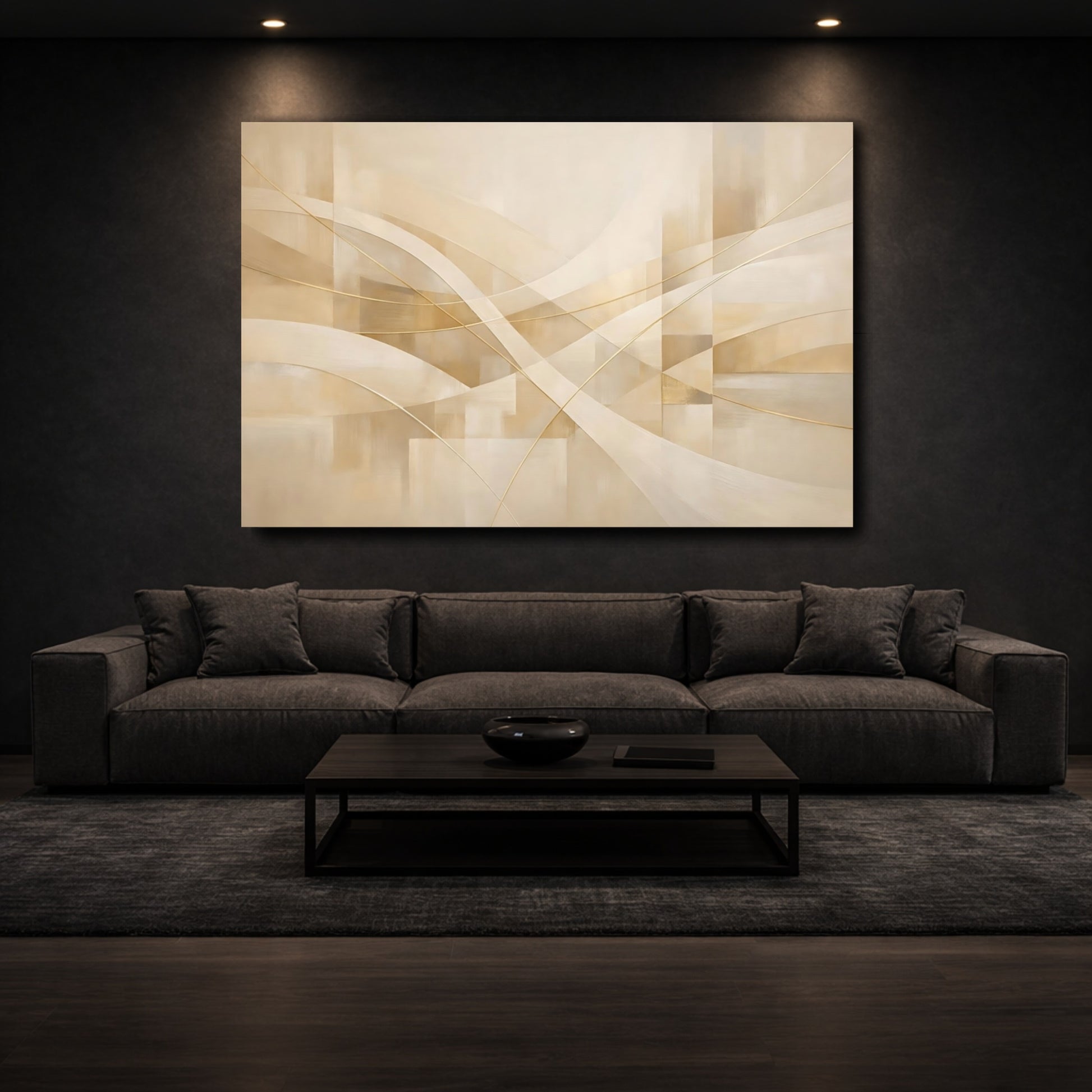 Mockup 2. Abstract Abstract Lines Cream Gold Abstract shown as stretched canvas wall art