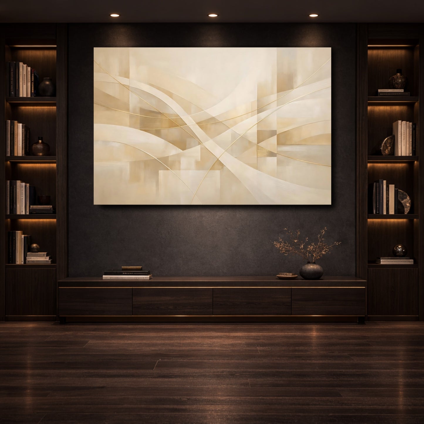 Mockup 3. Abstract Abstract Lines Cream Gold Abstract shown as stretched canvas wall art