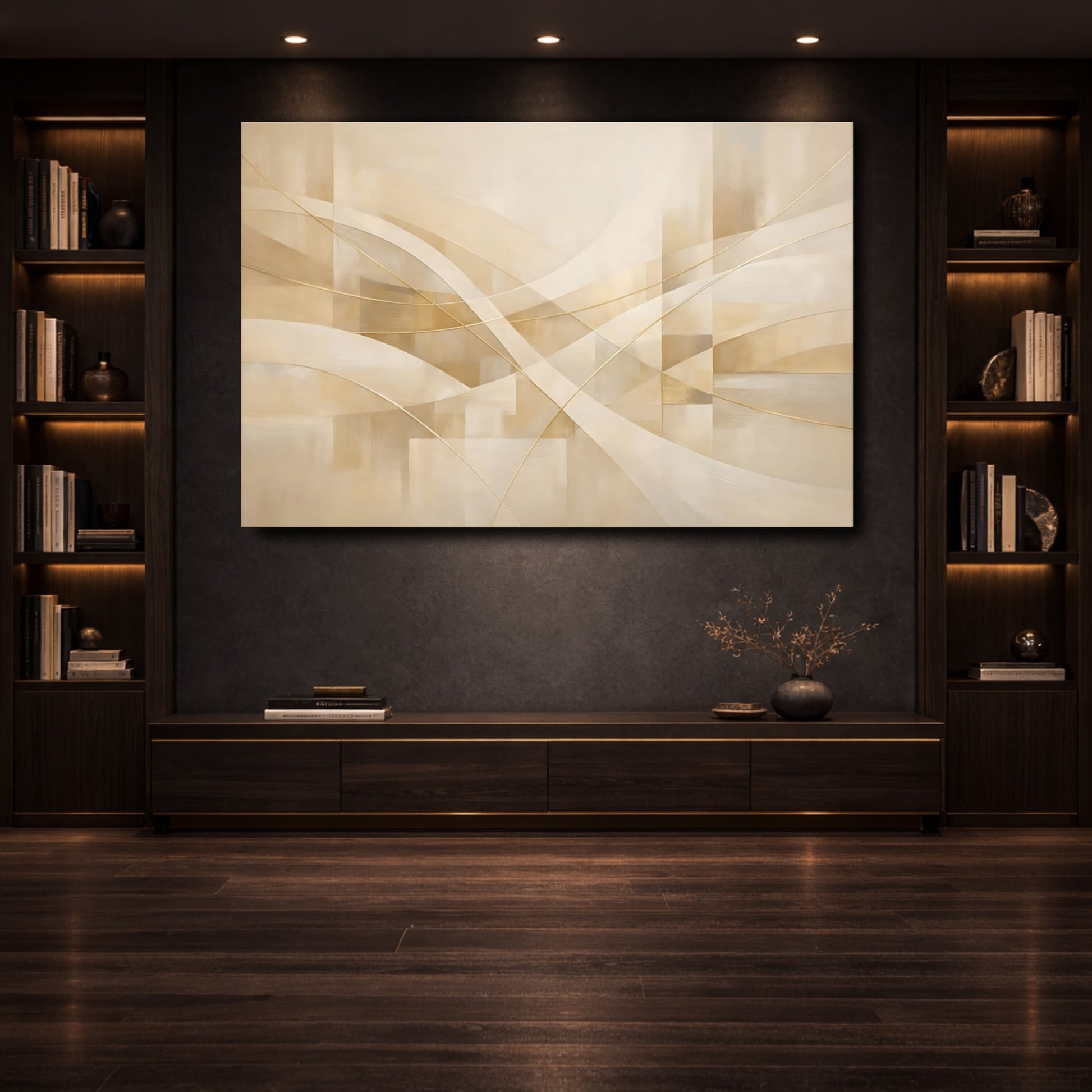 Mockup 3. Abstract Abstract Lines Cream Gold Abstract shown as stretched canvas wall art