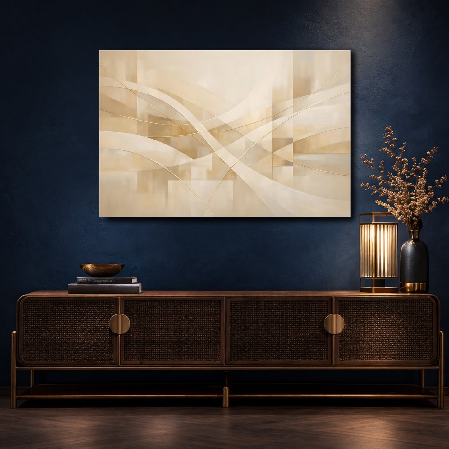 Mockup 4. Abstract Abstract Lines Cream Gold Abstract shown as stretched canvas wall art