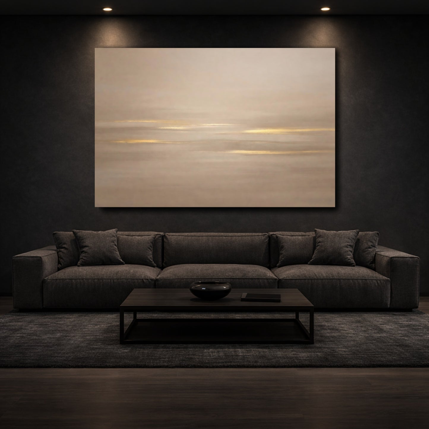 Mockup 2. Abstract Abstract Lines Gold And Beige shown as stretched canvas wall art