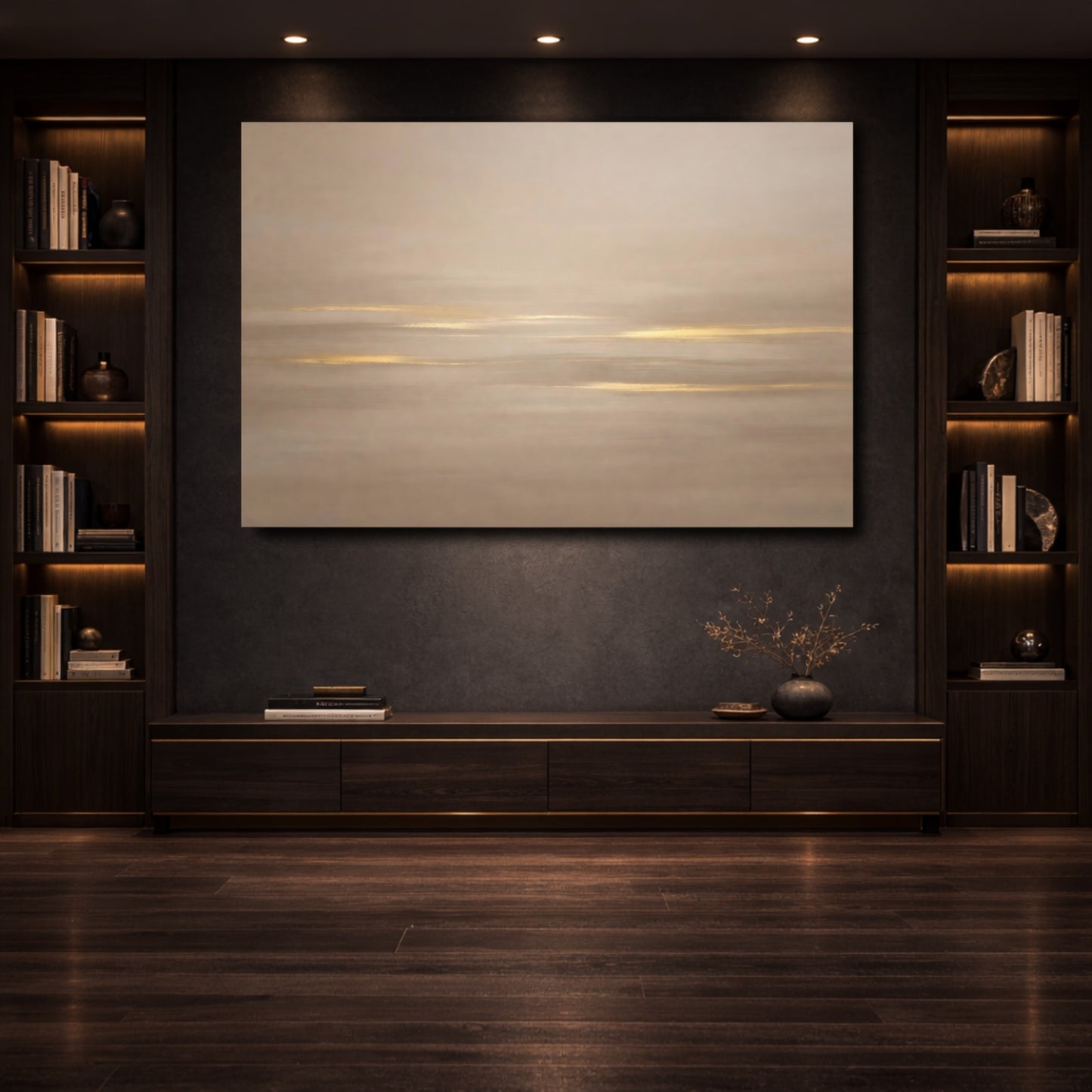 Mockup 3. Abstract Abstract Lines Gold And Beige shown as stretched canvas wall art
