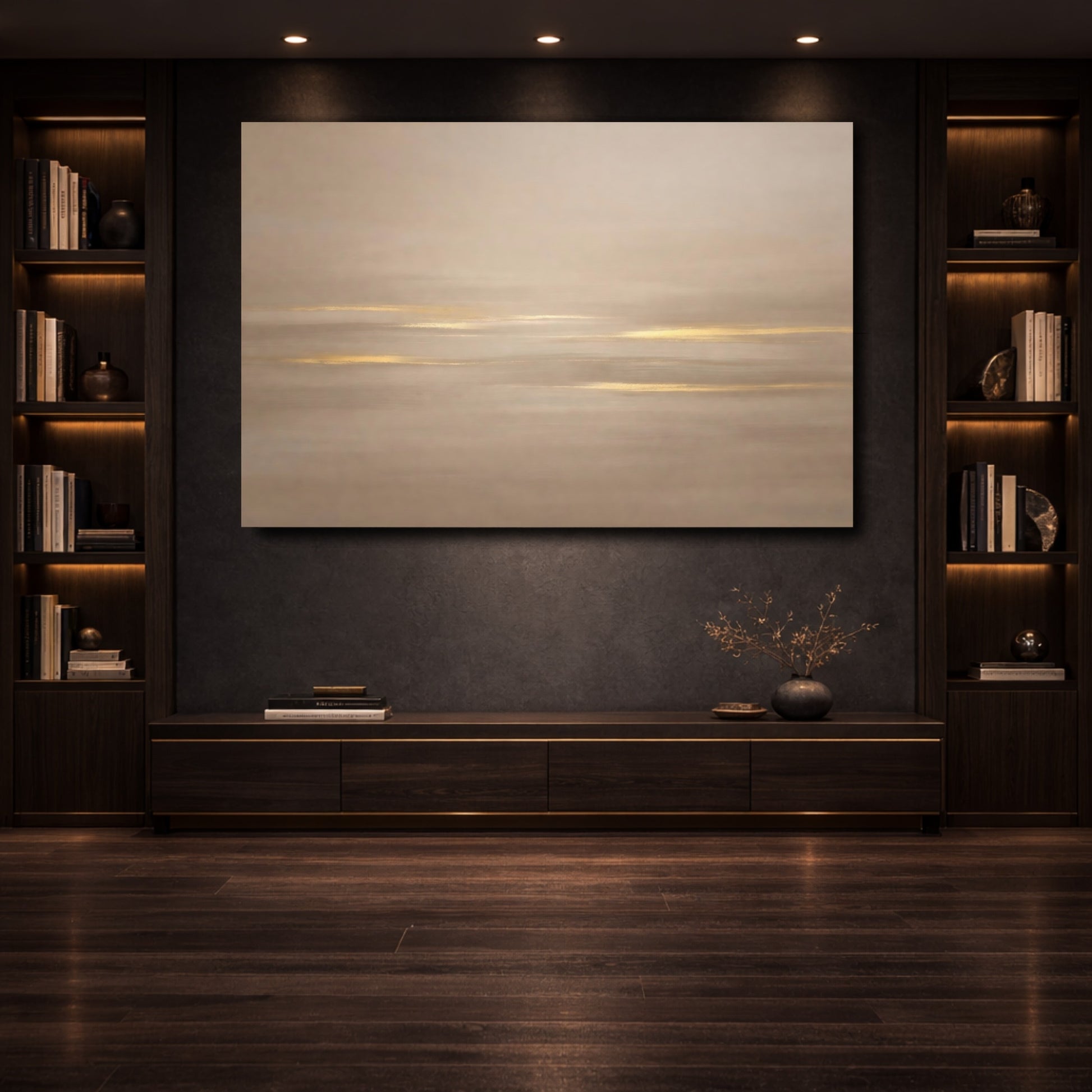 Mockup 3. Abstract Abstract Lines Gold And Beige shown as stretched canvas wall art