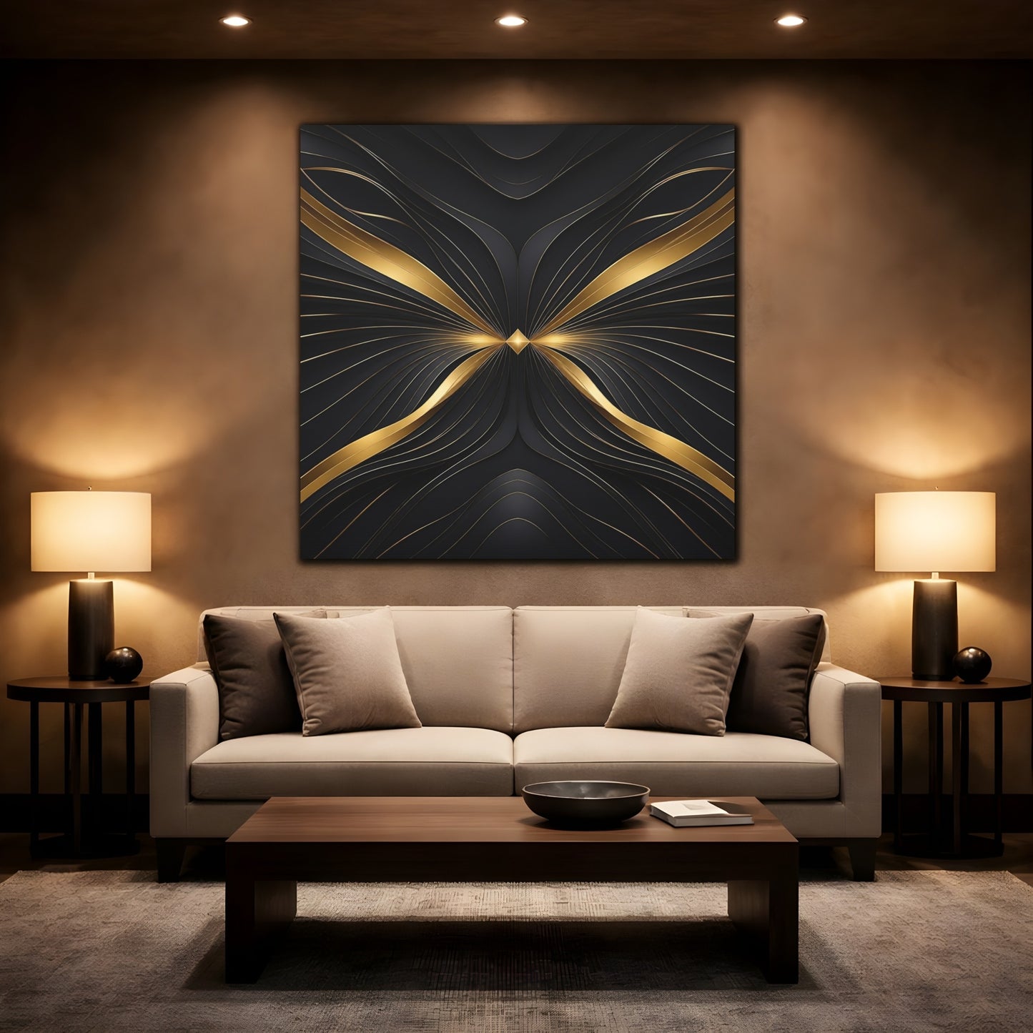 Mockup 2. Abstract Abstract Lines Gold And Black Abstract shown as stretched canvas wall art