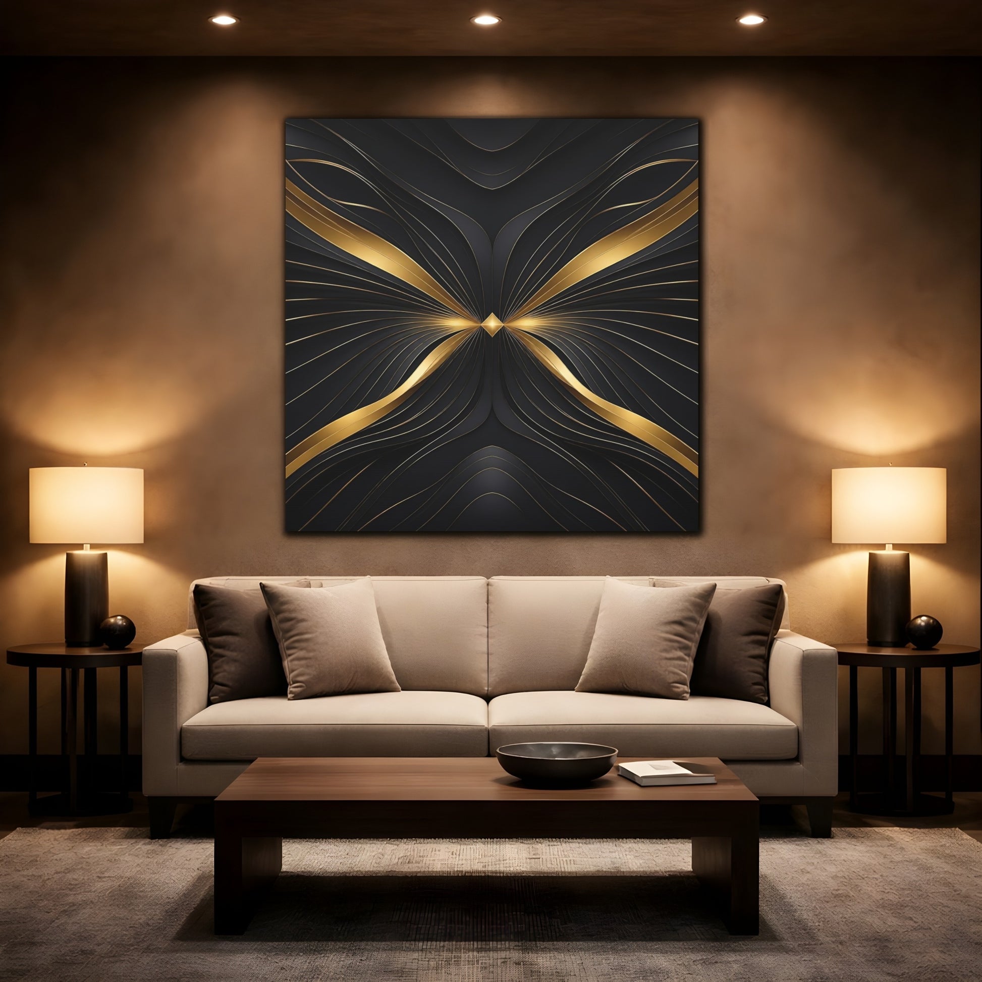 Mockup 2. Abstract Abstract Lines Gold And Black Abstract shown as stretched canvas wall art