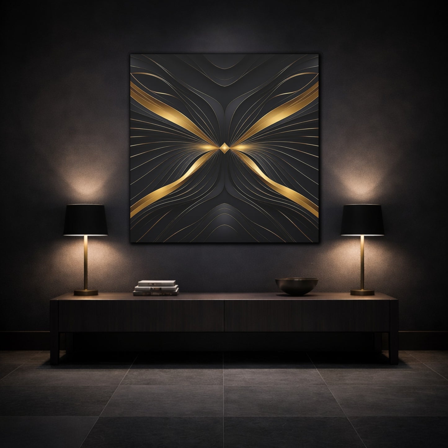 Mockup 3. Abstract Abstract Lines Gold And Black Abstract shown as stretched canvas wall art