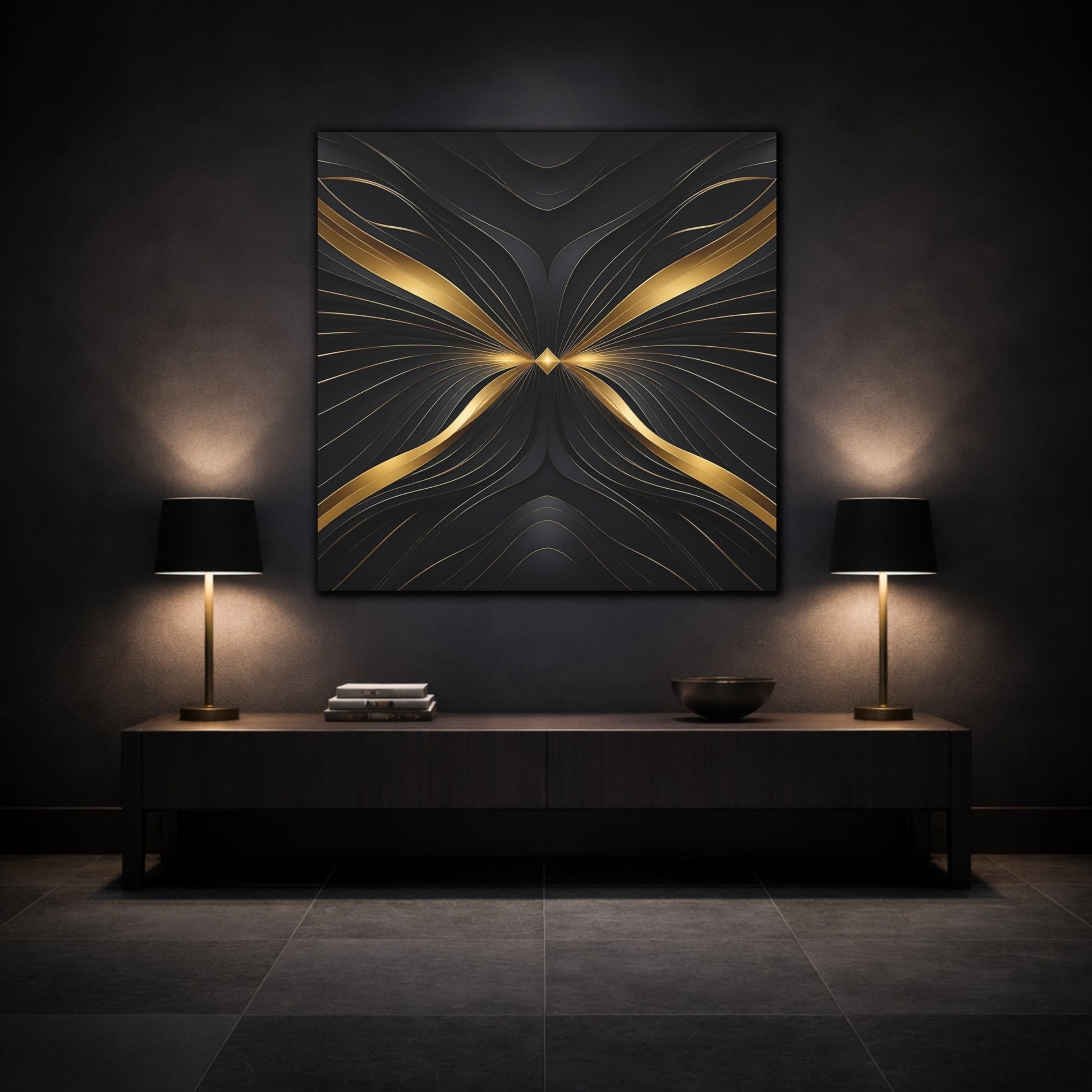 Mockup 3. Abstract Abstract Lines Gold And Black Abstract shown as stretched canvas wall art