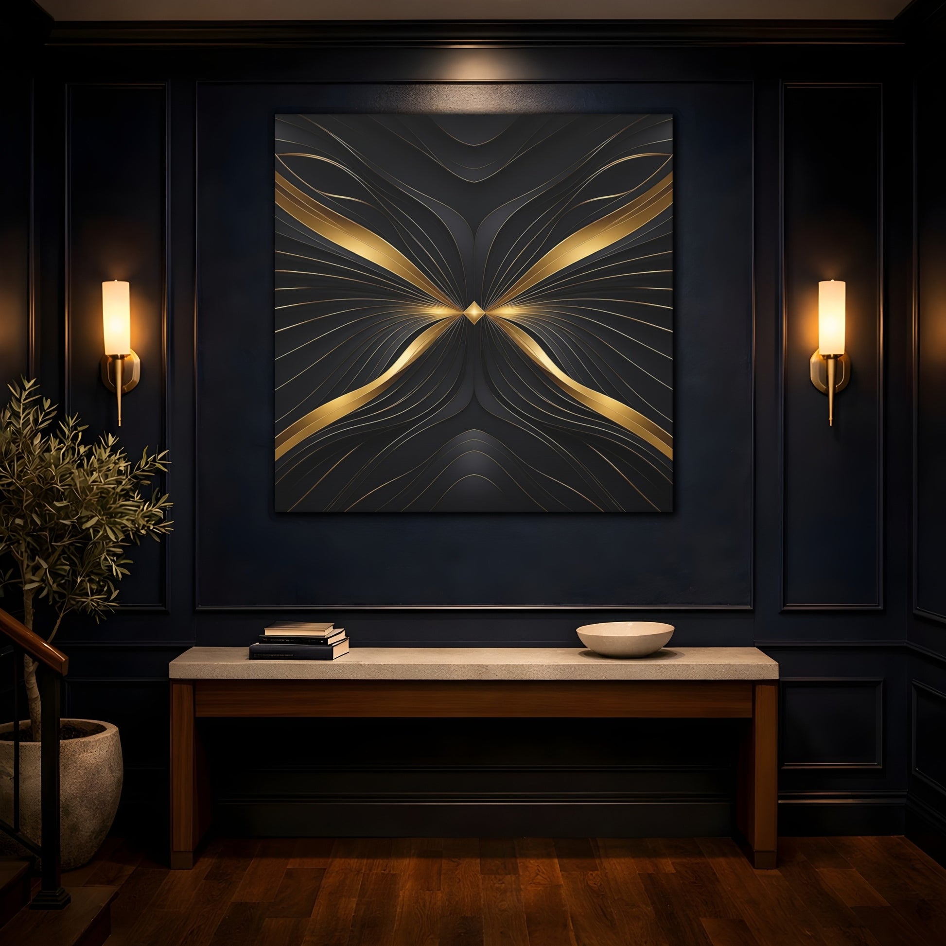 Mockup 4. Abstract Abstract Lines Gold And Black Abstract shown as stretched canvas wall art