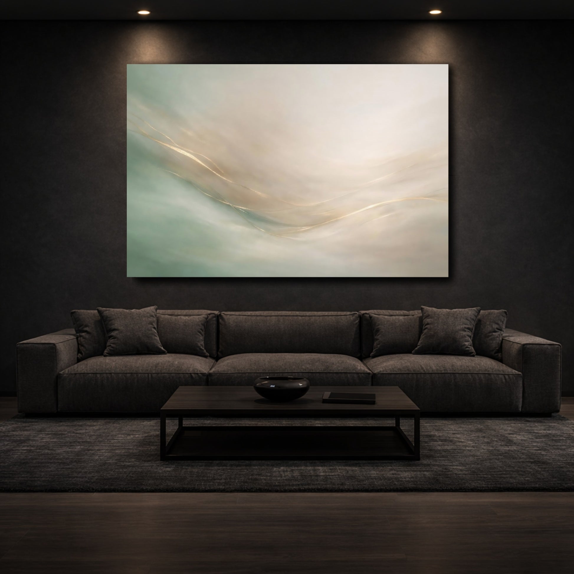Mockup 2. Abstract Abstract Lines Green And Gold shown as stretched canvas wall art