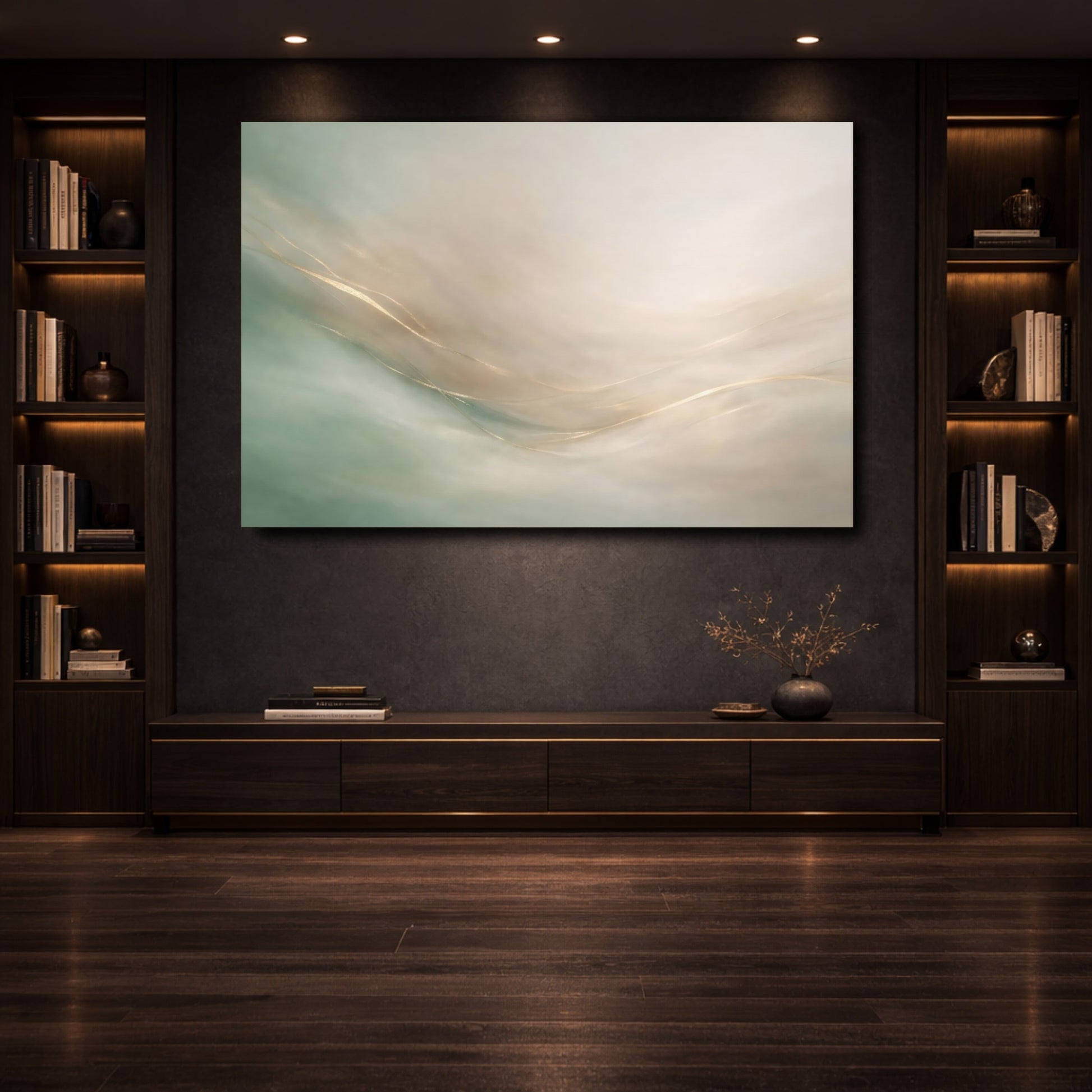Mockup 3. Abstract Abstract Lines Green And Gold shown as stretched canvas wall art
