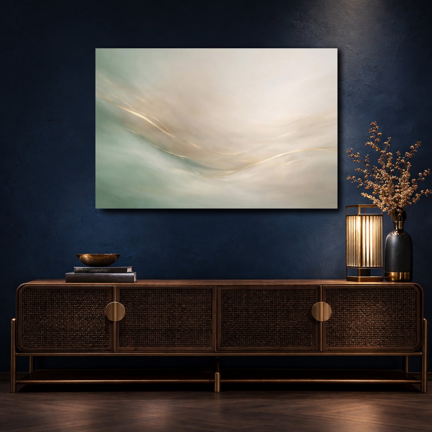 Mockup 4. Abstract Abstract Lines Green And Gold shown as stretched canvas wall art