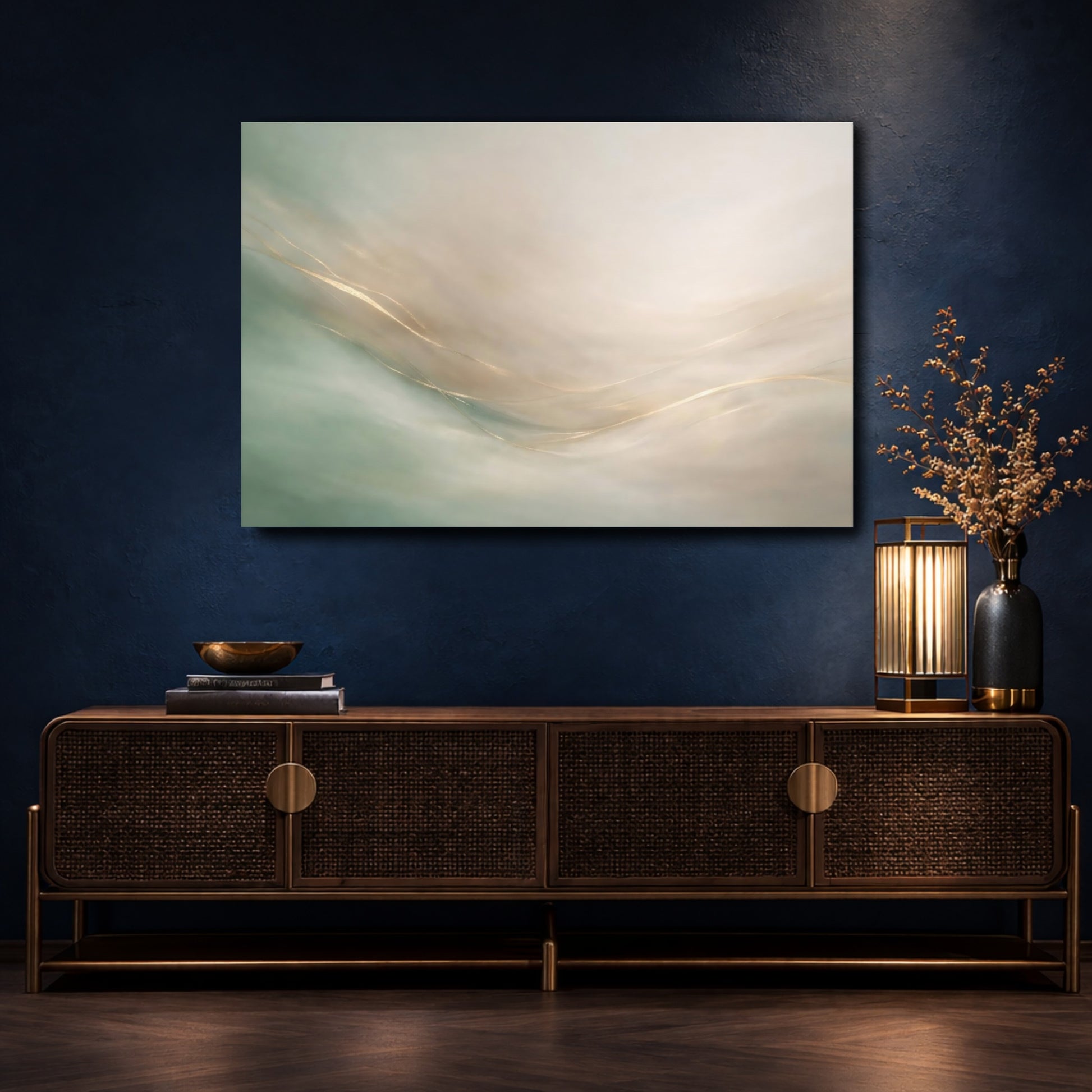 Mockup 4. Abstract Abstract Lines Green And Gold shown as stretched canvas wall art