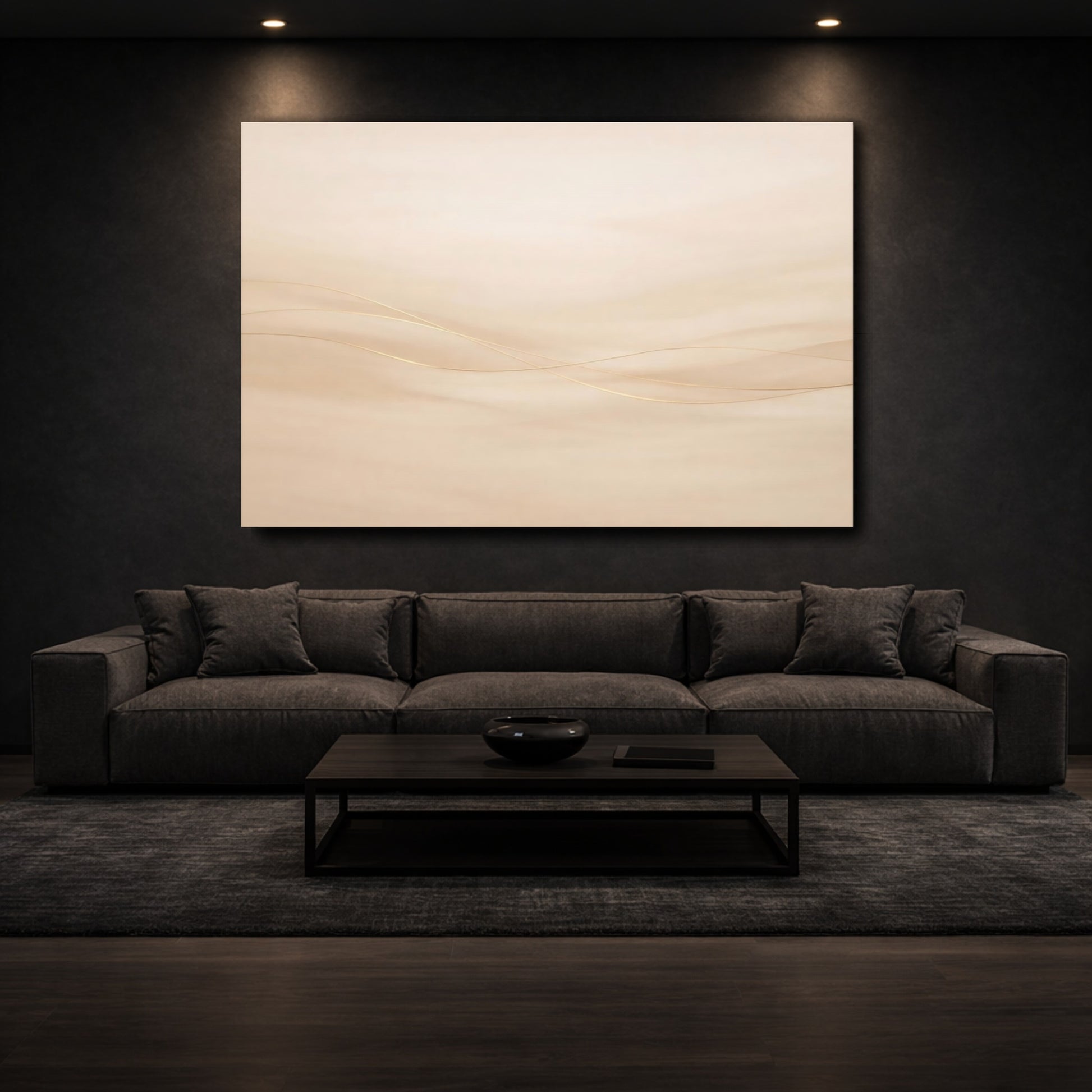 Mockup 2. Abstract Abstract Lines Neutral Gold Abstract shown as stretched canvas wall art