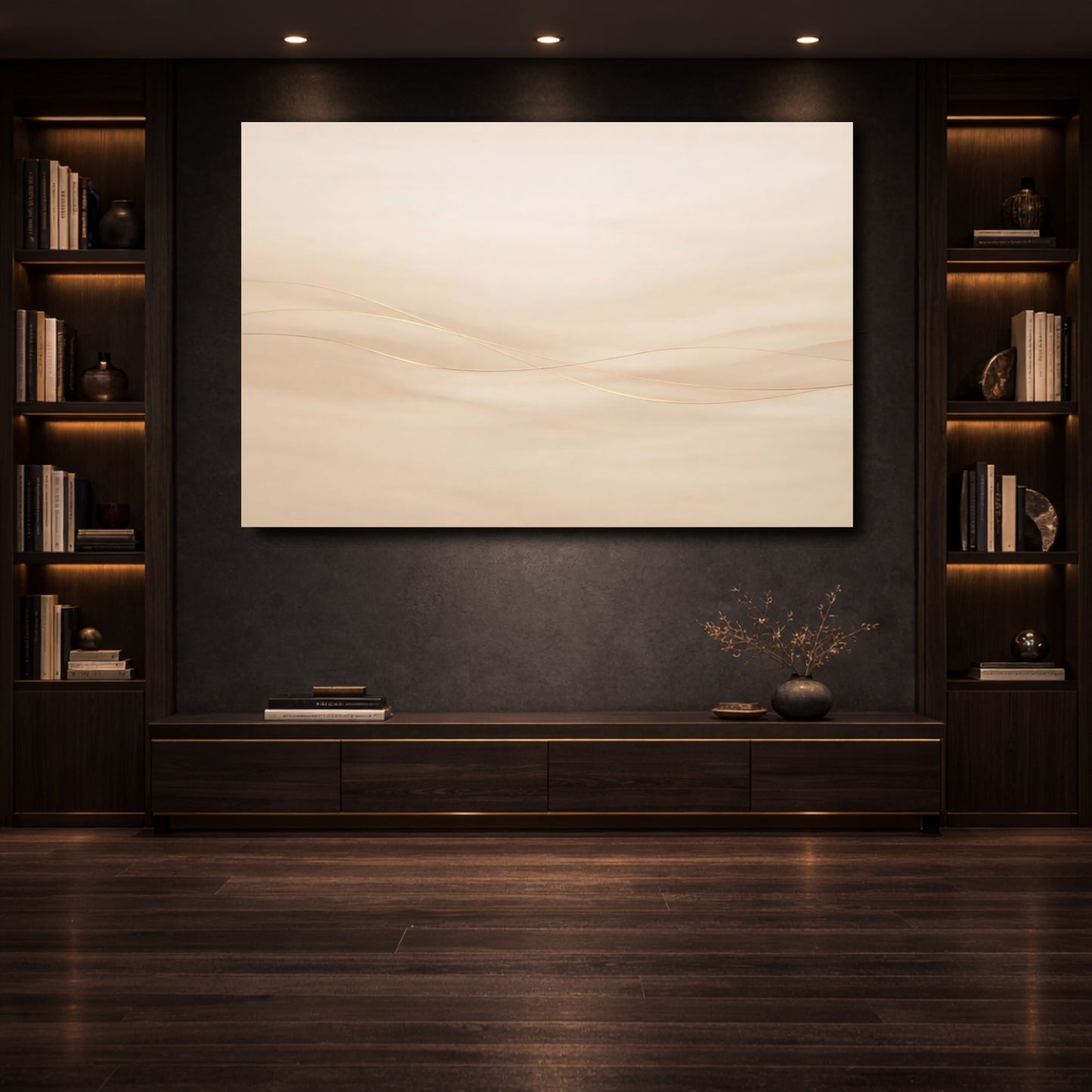Mockup 3. Abstract Abstract Lines Neutral Gold Abstract shown as stretched canvas wall art