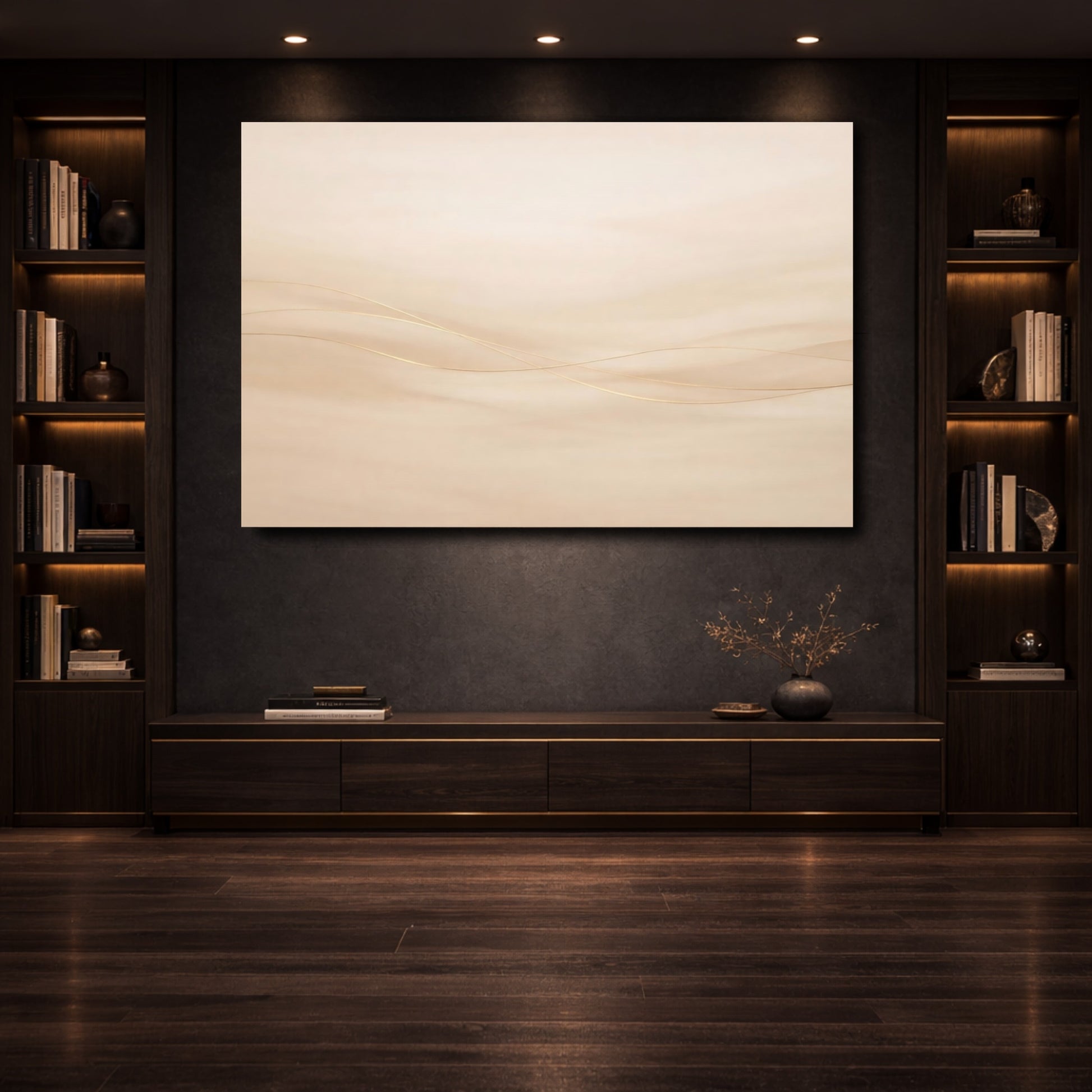Mockup 3. Abstract Abstract Lines Neutral Gold Abstract shown as stretched canvas wall art