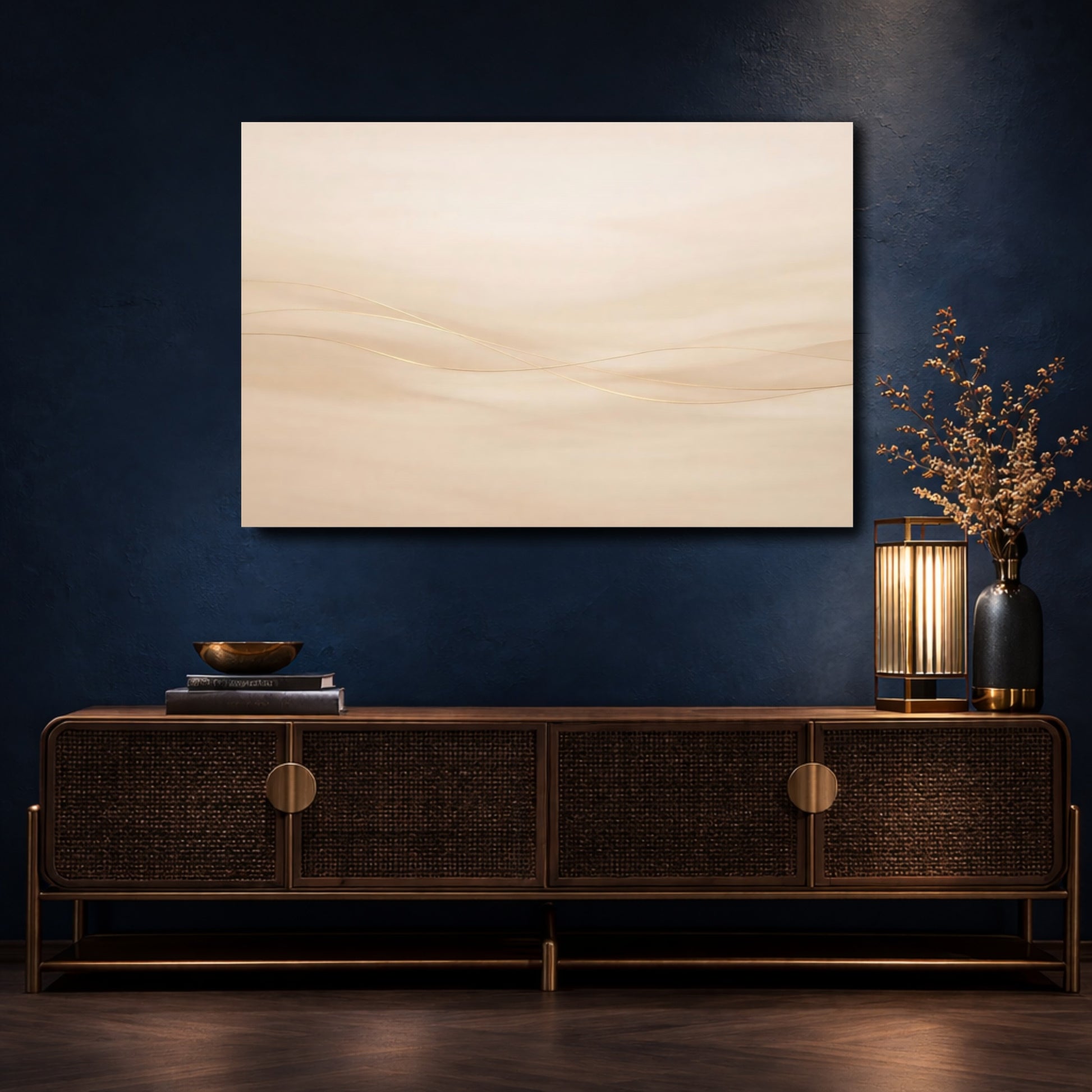 Mockup 4. Abstract Abstract Lines Neutral Gold Abstract shown as stretched canvas wall art