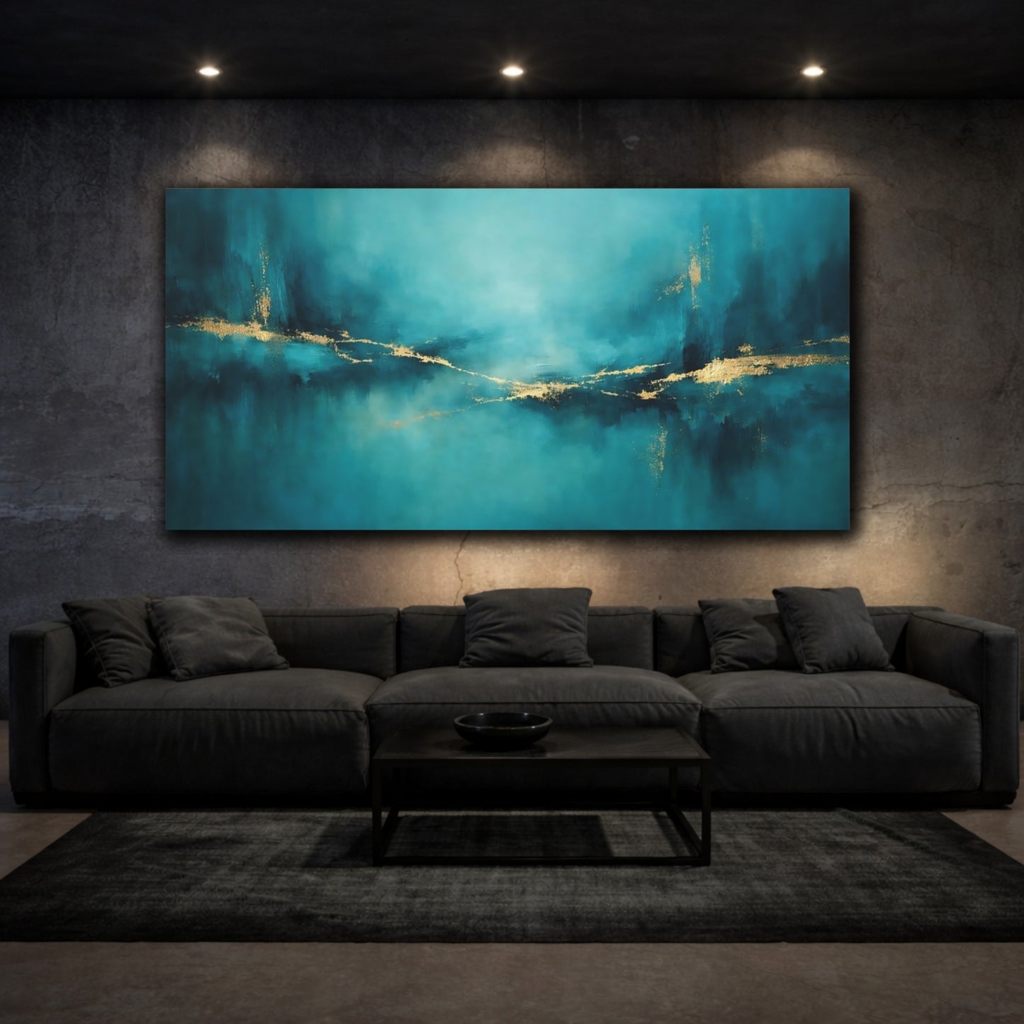 Mockup 2. Abstract Abstract Lines Teal And Gold shown as stretched canvas wall art