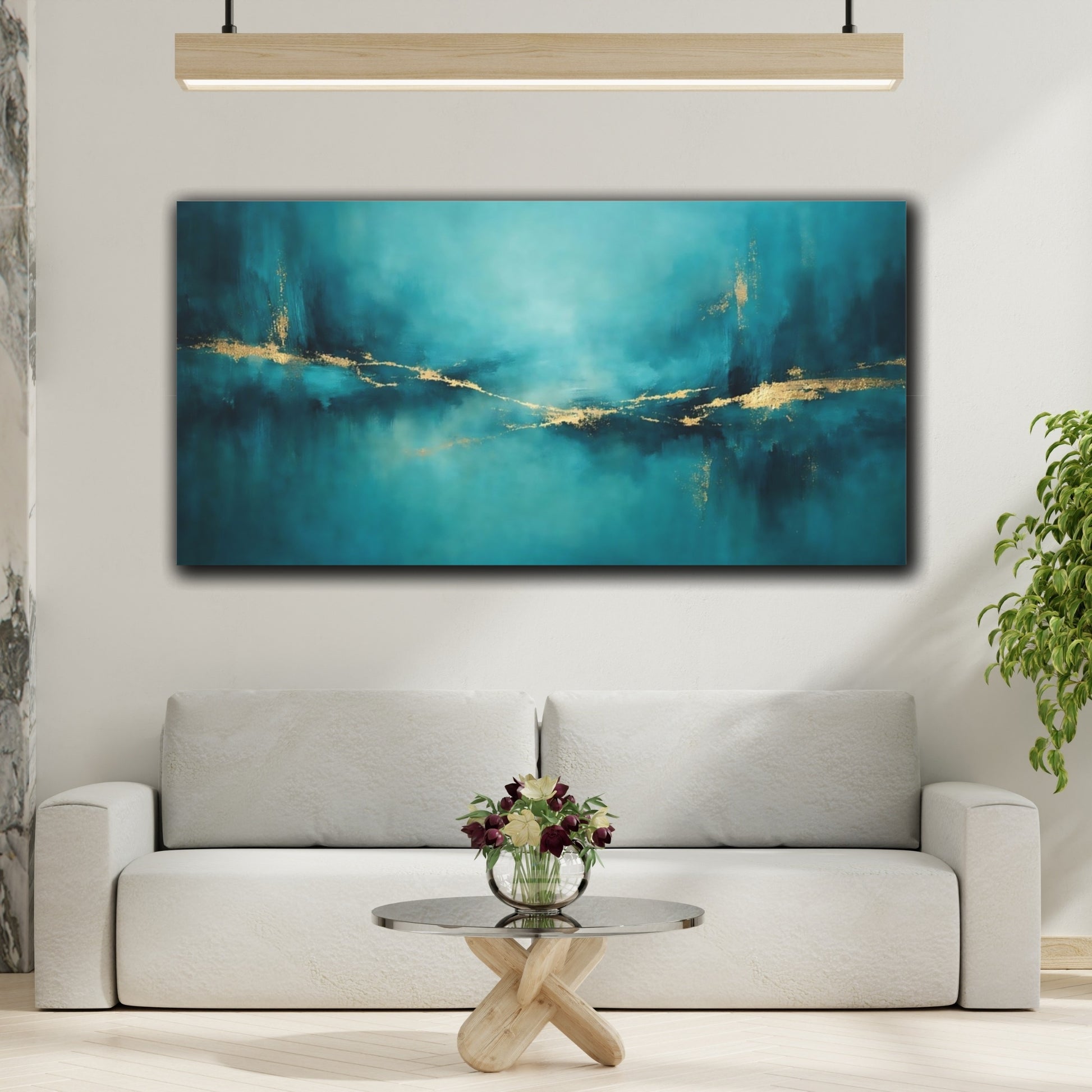 Mockup 3. Abstract Abstract Lines Teal And Gold shown as stretched canvas wall art