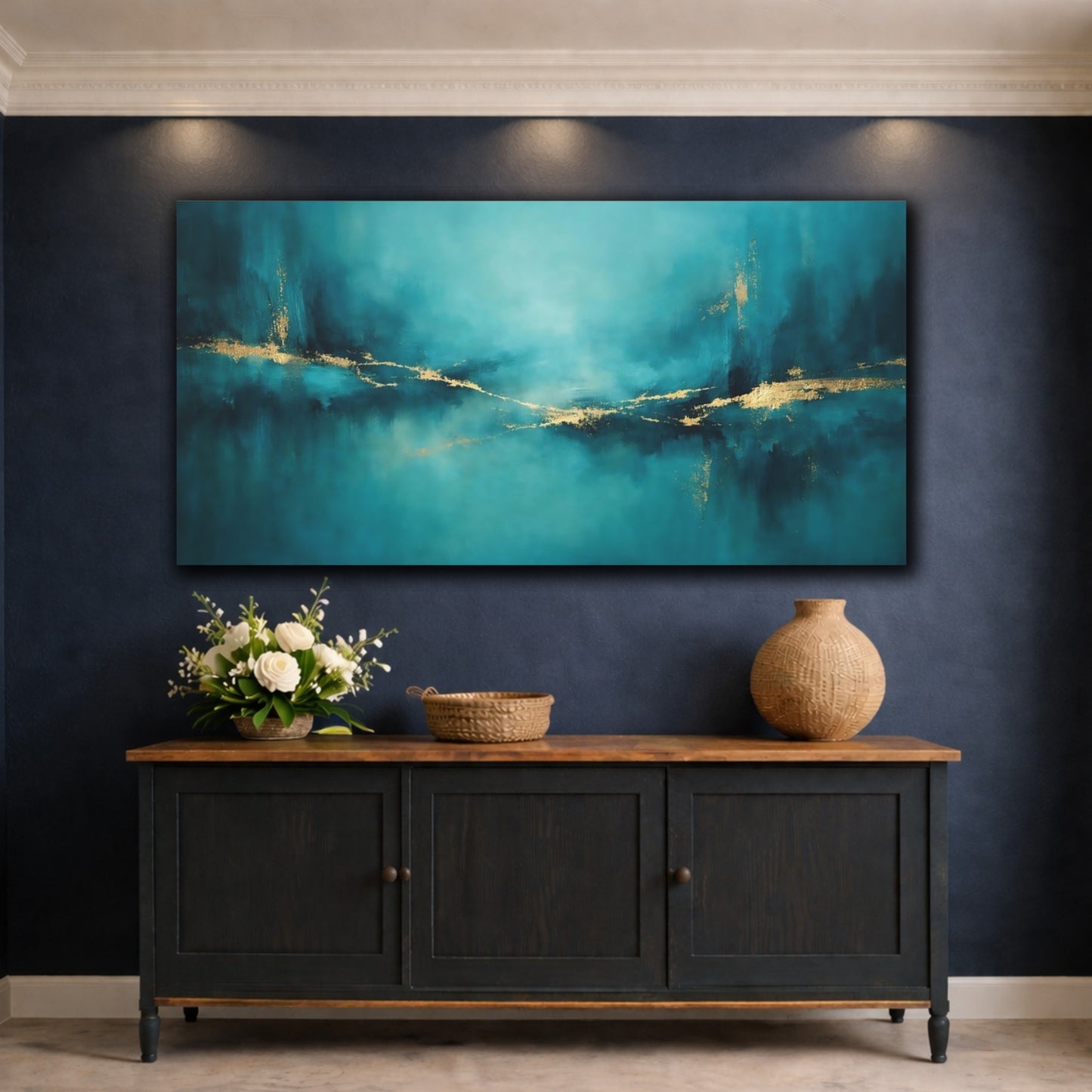 Mockup 4. Abstract Abstract Lines Teal And Gold shown as stretched canvas wall art