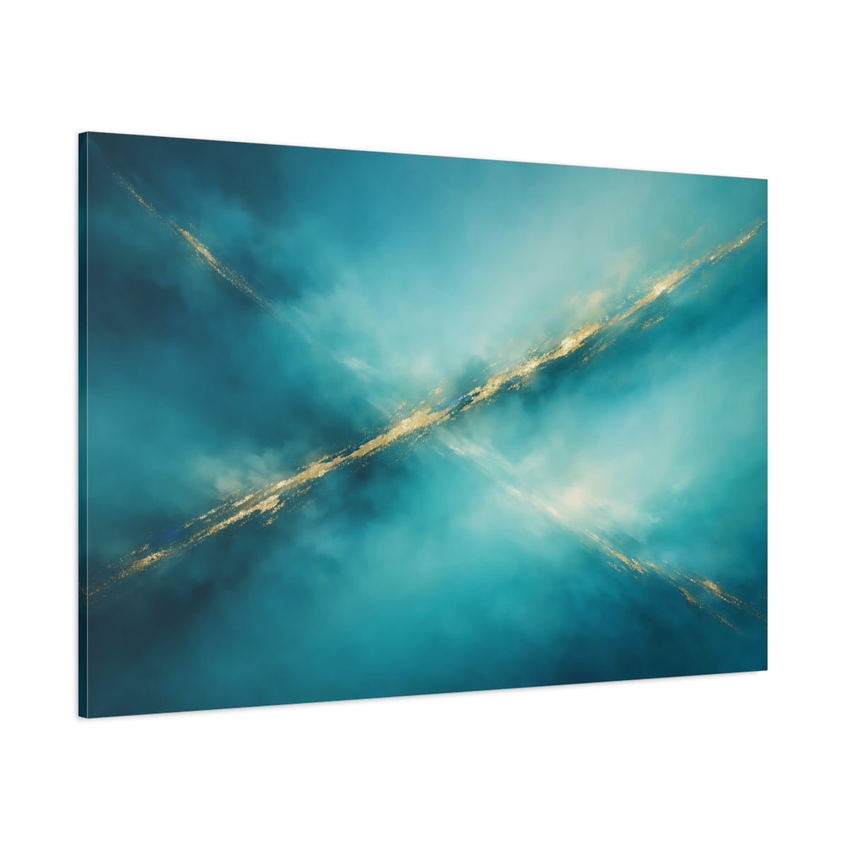 Main Mockup. Abstract Abstract Lines Teal Gold Abstract shown as stretched canvas wall art