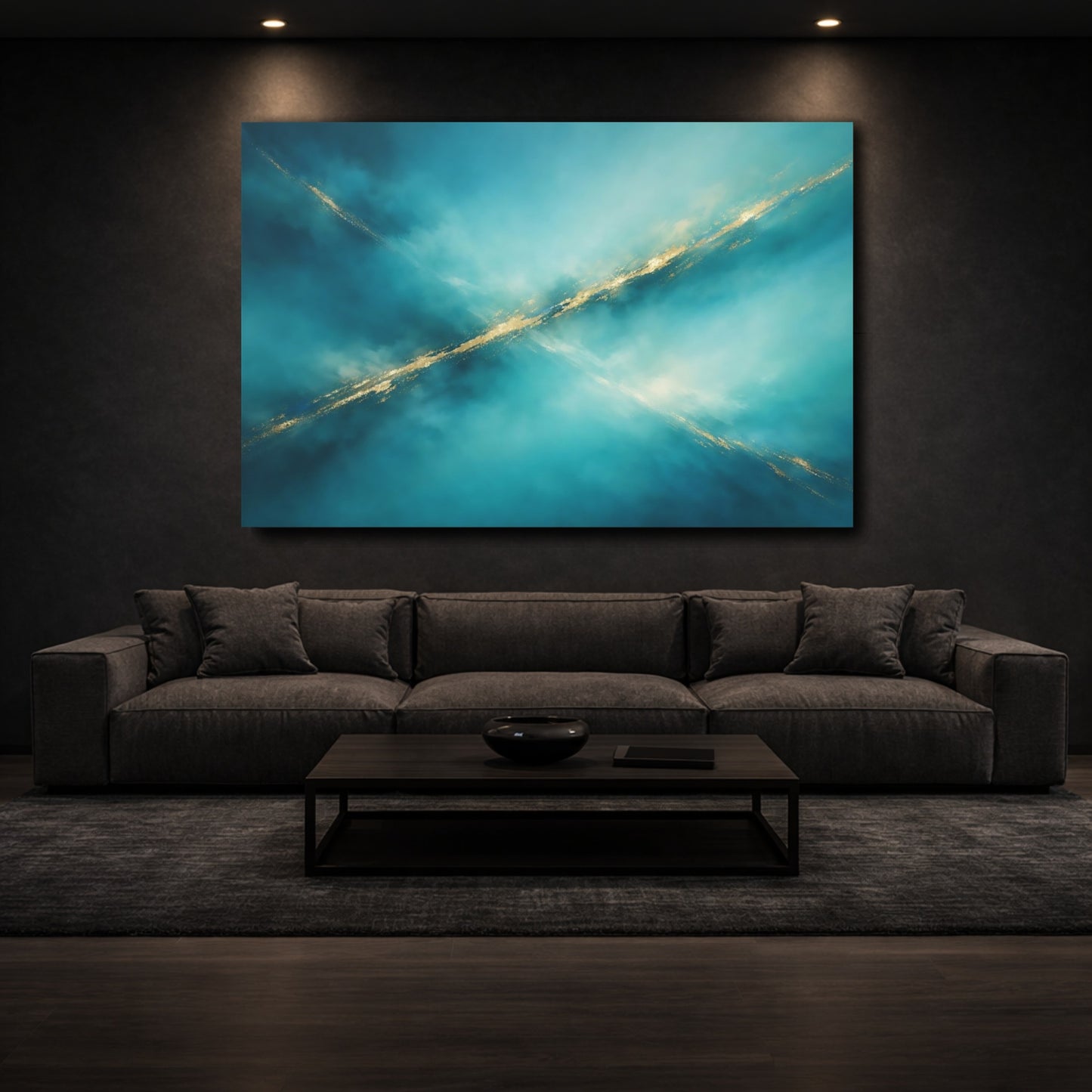 Mockup 2. Abstract Abstract Lines Teal Gold Abstract shown as stretched canvas wall art
