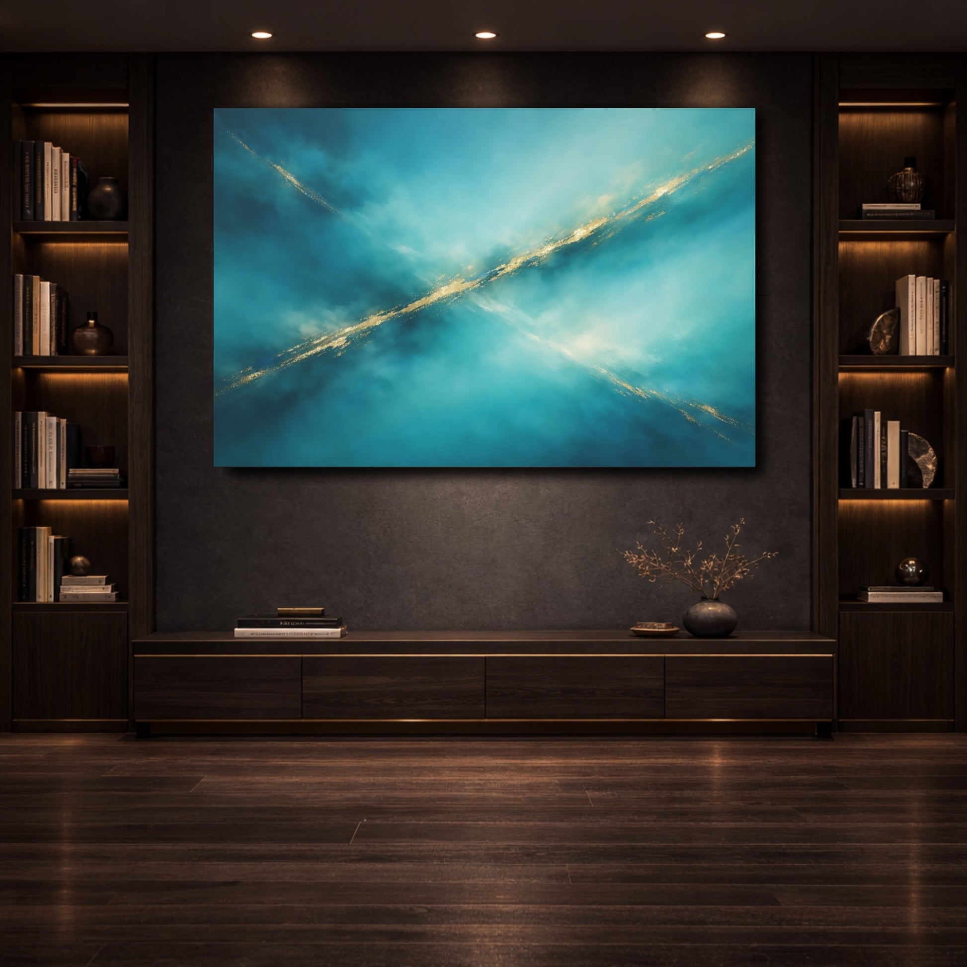 Mockup 3. Abstract Abstract Lines Teal Gold Abstract shown as stretched canvas wall art