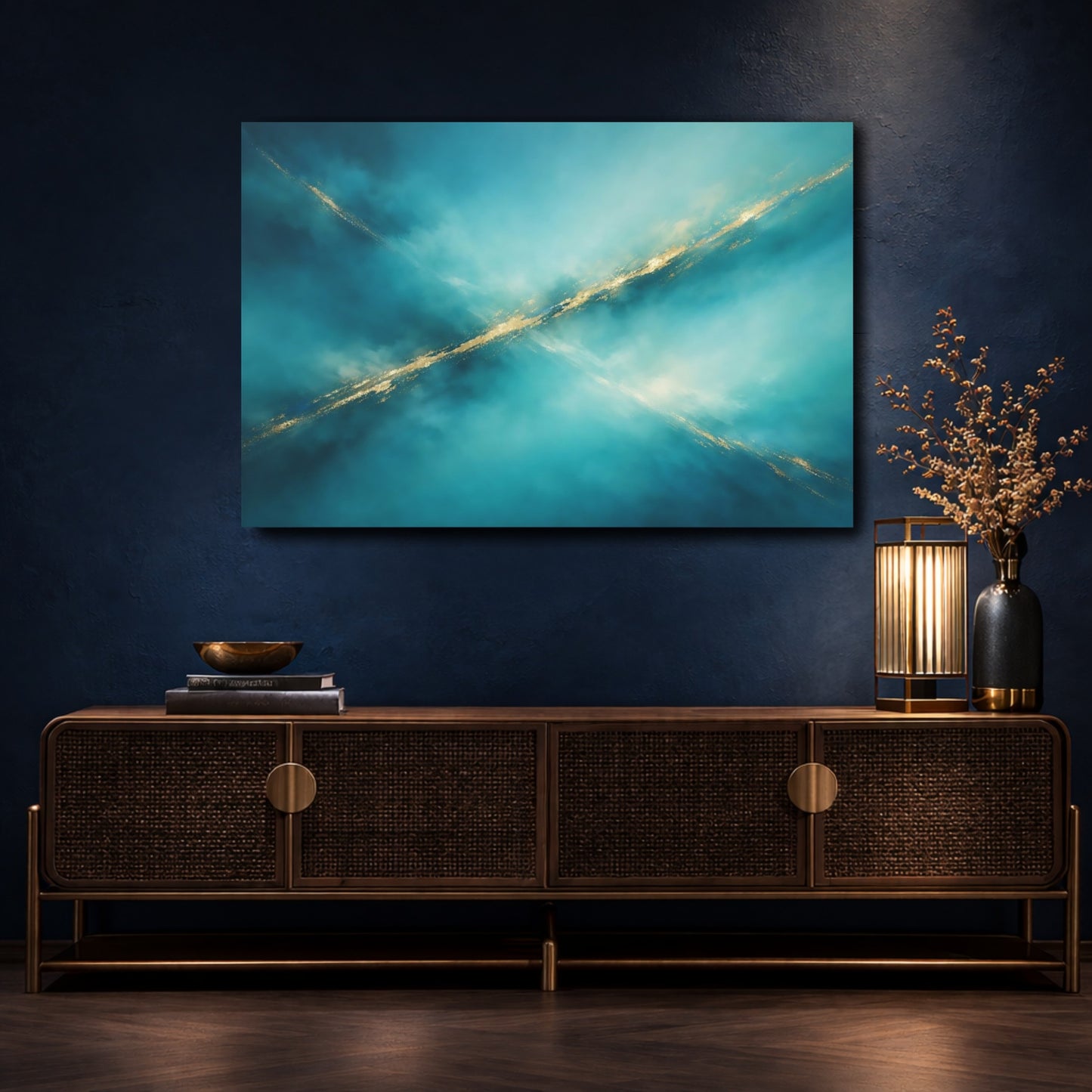 Mockup 4. Abstract Abstract Lines Teal Gold Abstract shown as stretched canvas wall art
