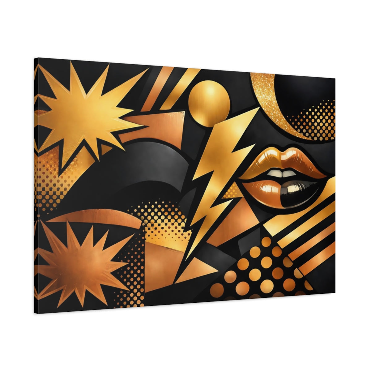 Main Mockup. Abstract Abstract Lips Black And Gold shown as stretched canvas wall art
