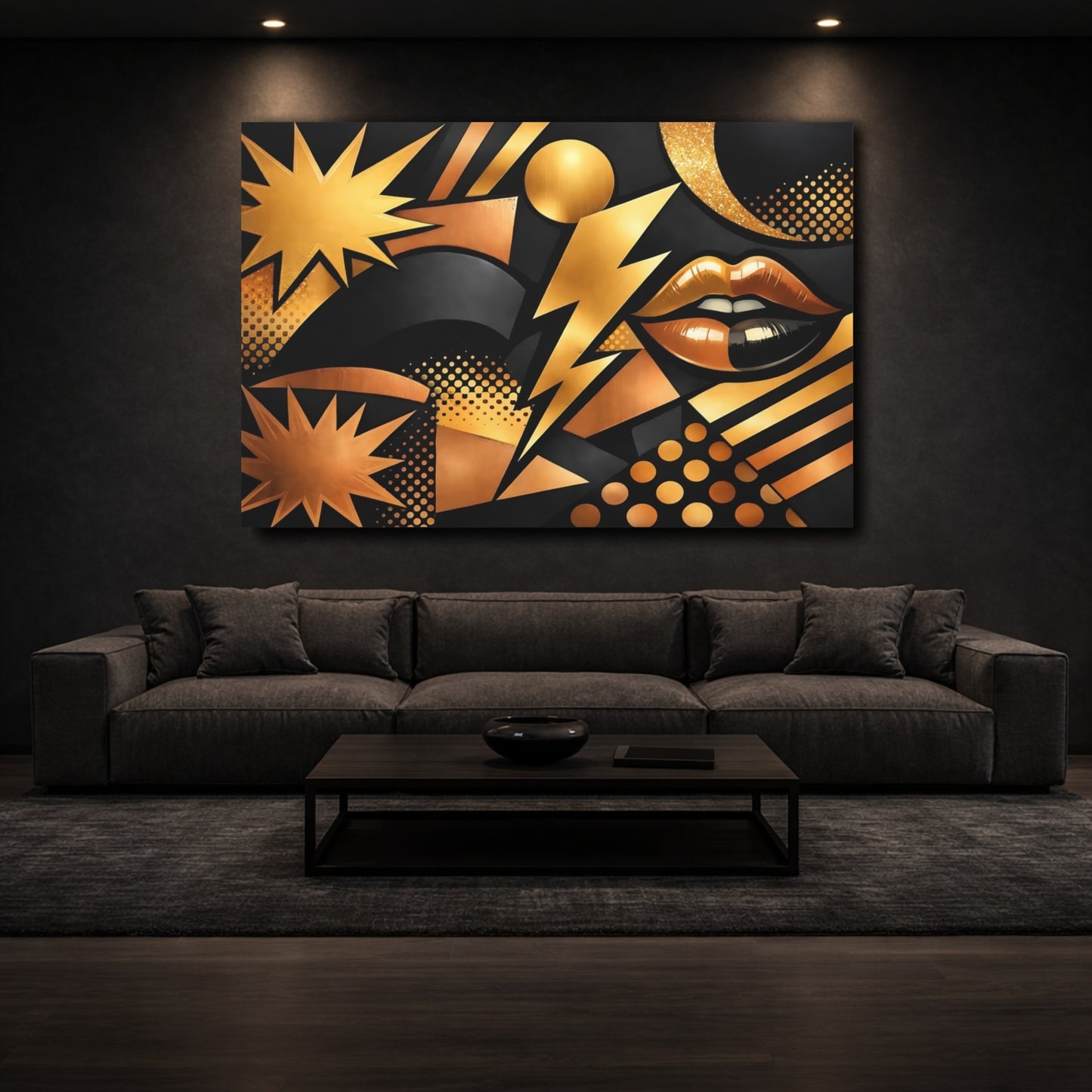 Mockup 2. Abstract Abstract Lips Black And Gold shown as stretched canvas wall art