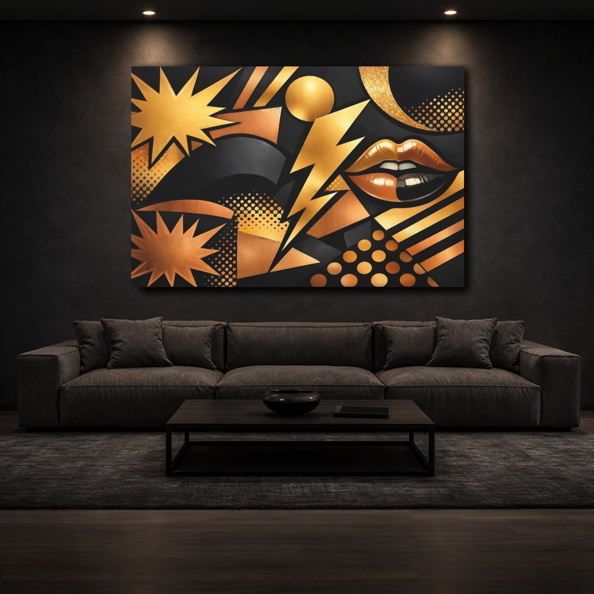 Mockup 2. Abstract Abstract Lips Black And Gold shown as stretched canvas wall art