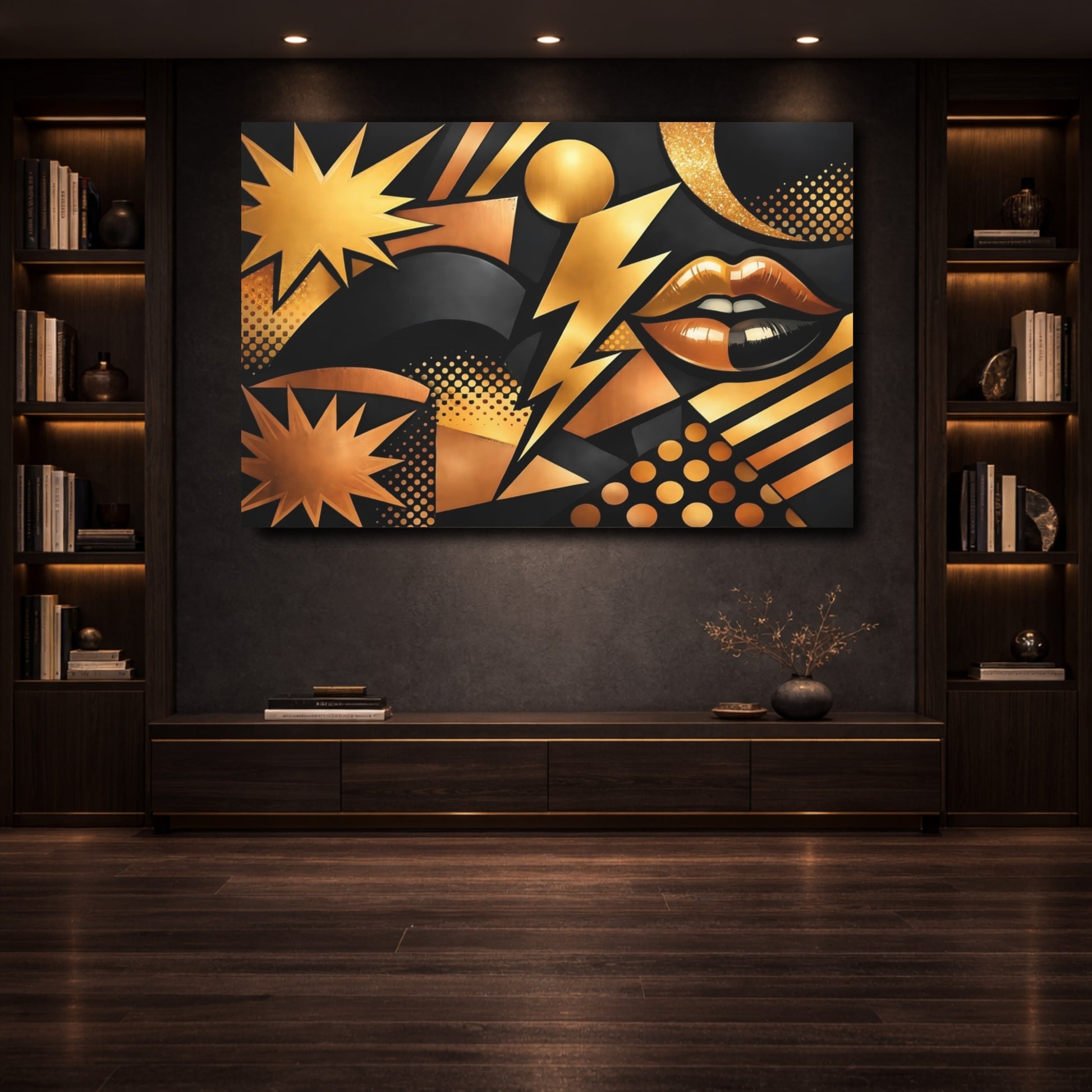 Mockup 3. Abstract Abstract Lips Black And Gold shown as stretched canvas wall art