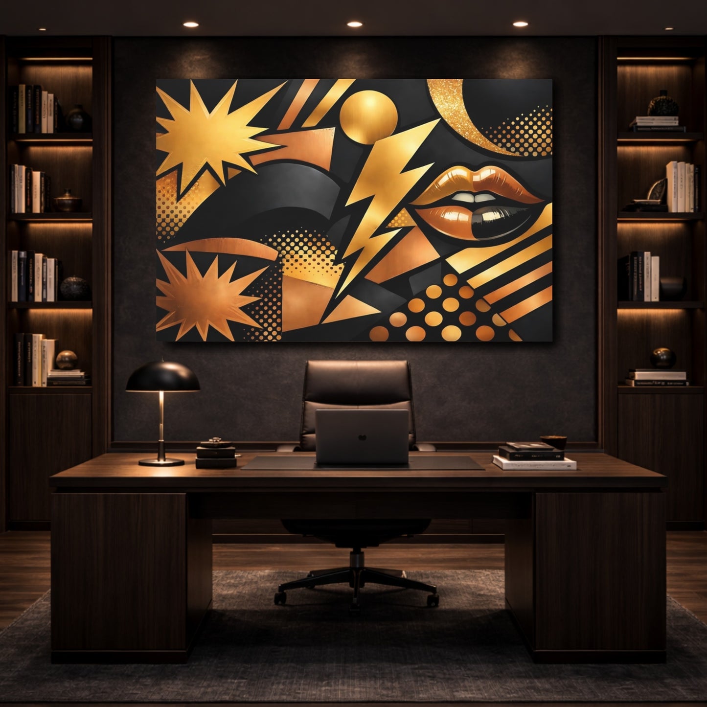 Mockup 4. Abstract Abstract Lips Black And Gold shown as stretched canvas wall art