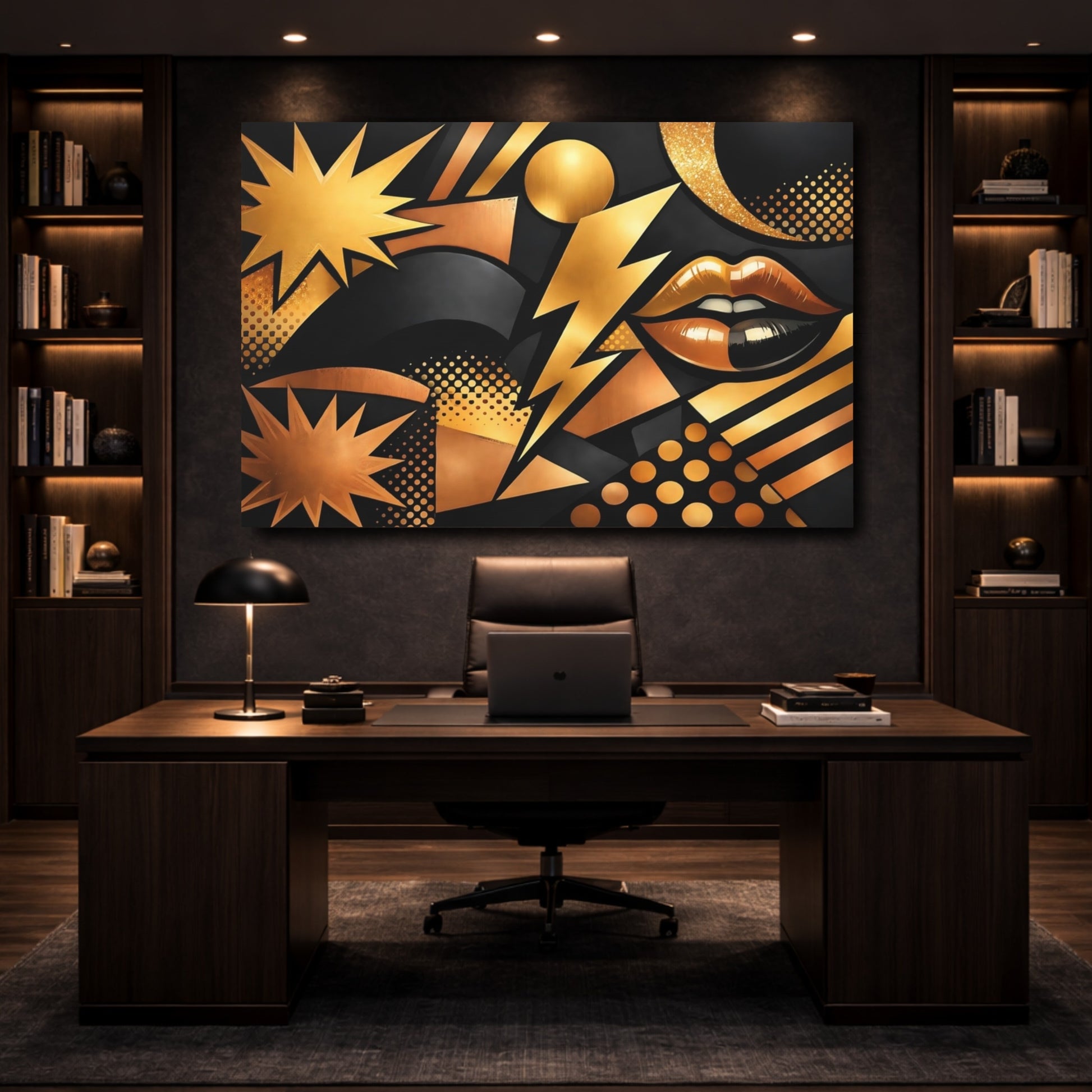 Mockup 4. Abstract Abstract Lips Black And Gold shown as stretched canvas wall art
