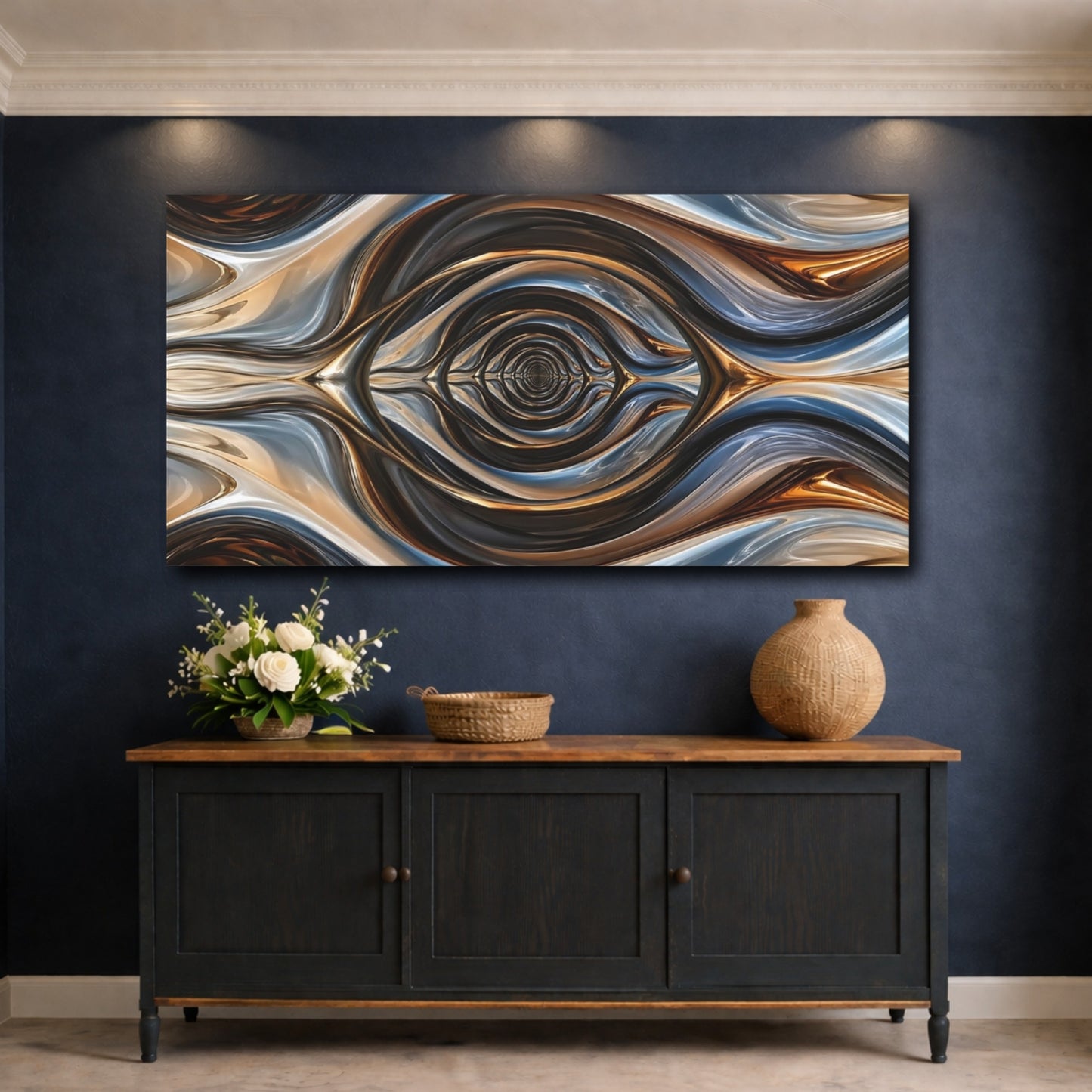 Mockup 4. Abstract Abstract Liquid Metallic Abstract Swirls shown as stretched canvas wall art