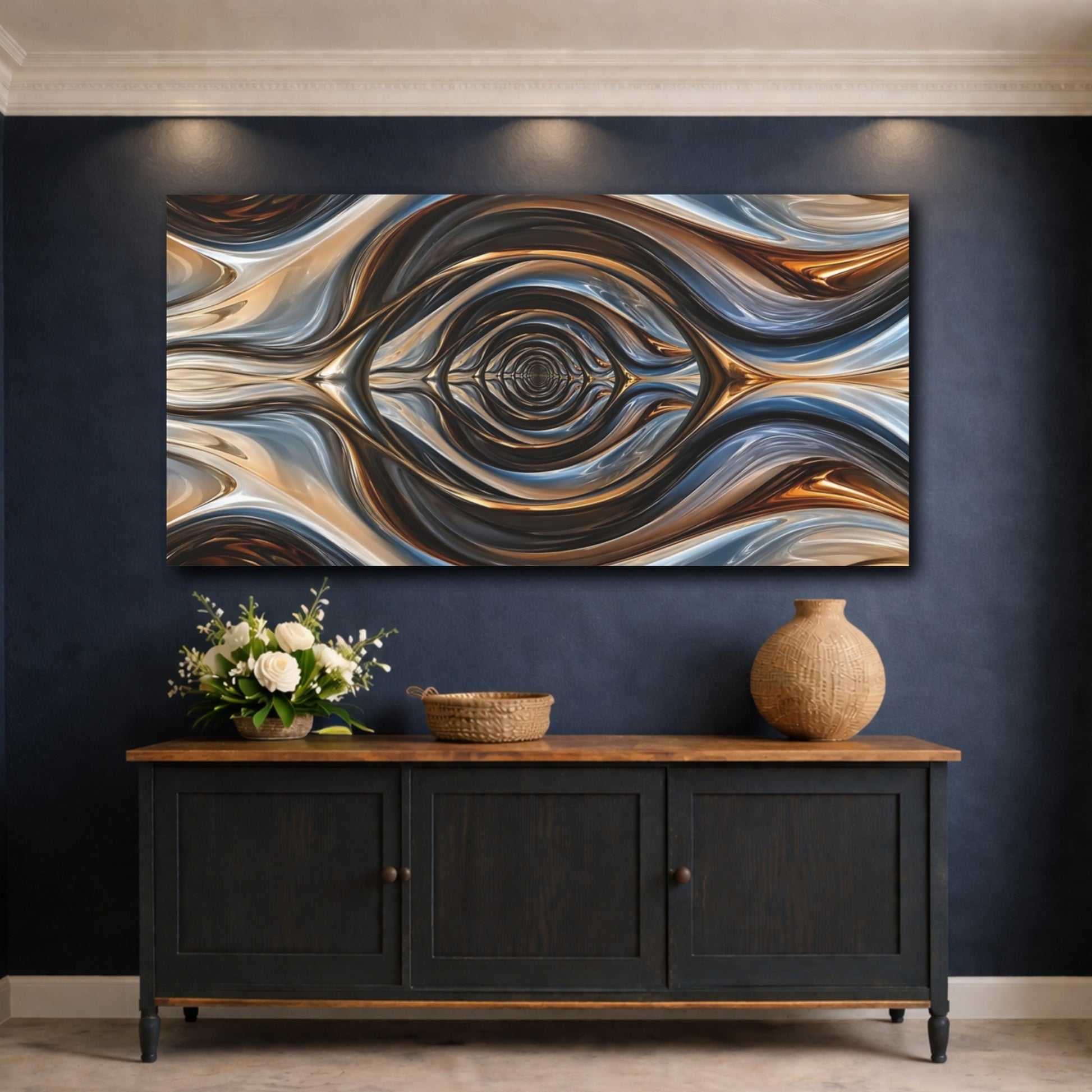 Mockup 4. Abstract Abstract Liquid Metallic Abstract Swirls shown as stretched canvas wall art